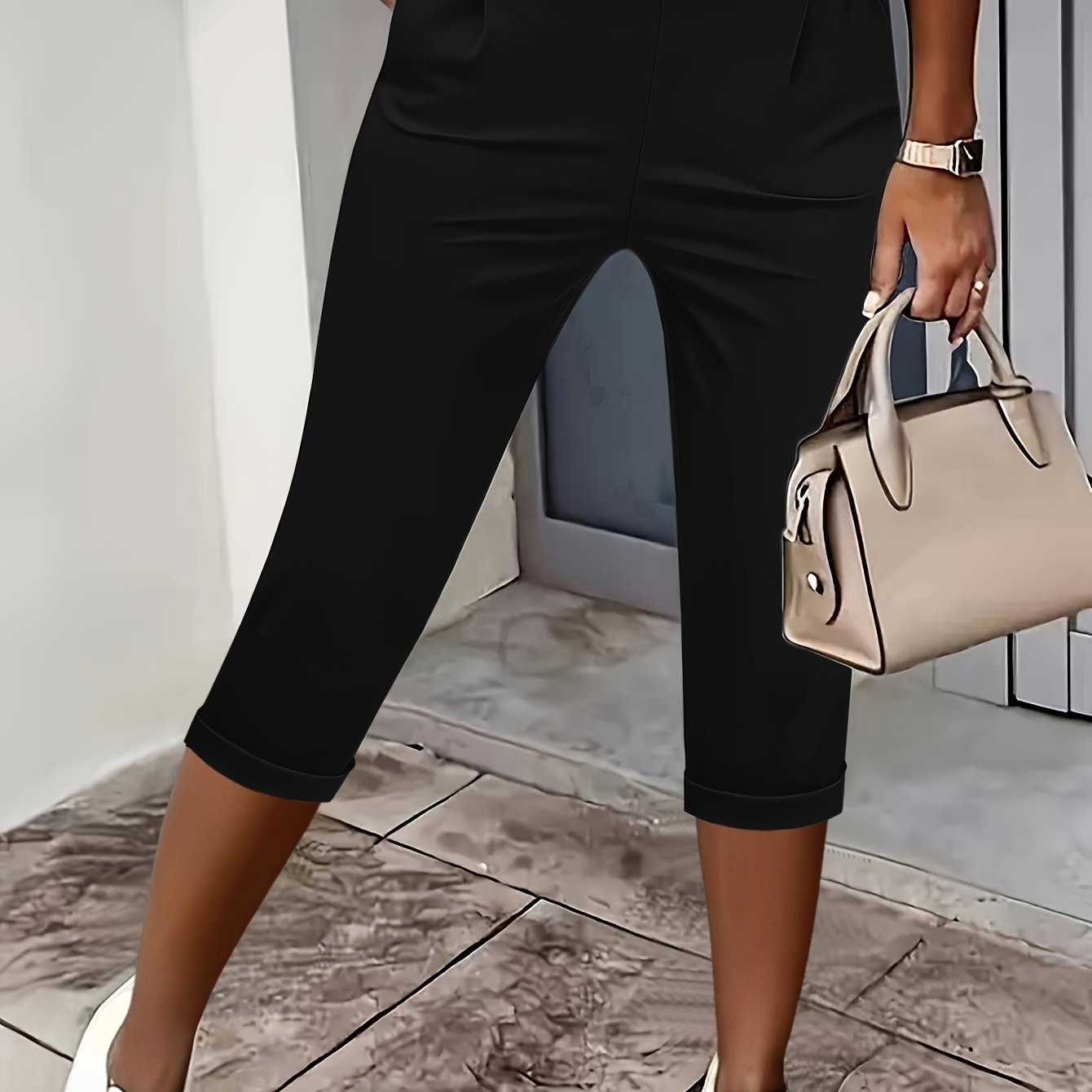 TEMU Fashionable Solid Color Slim-fit Mid-length Pants With Waistband Decoration And Slant Pockets