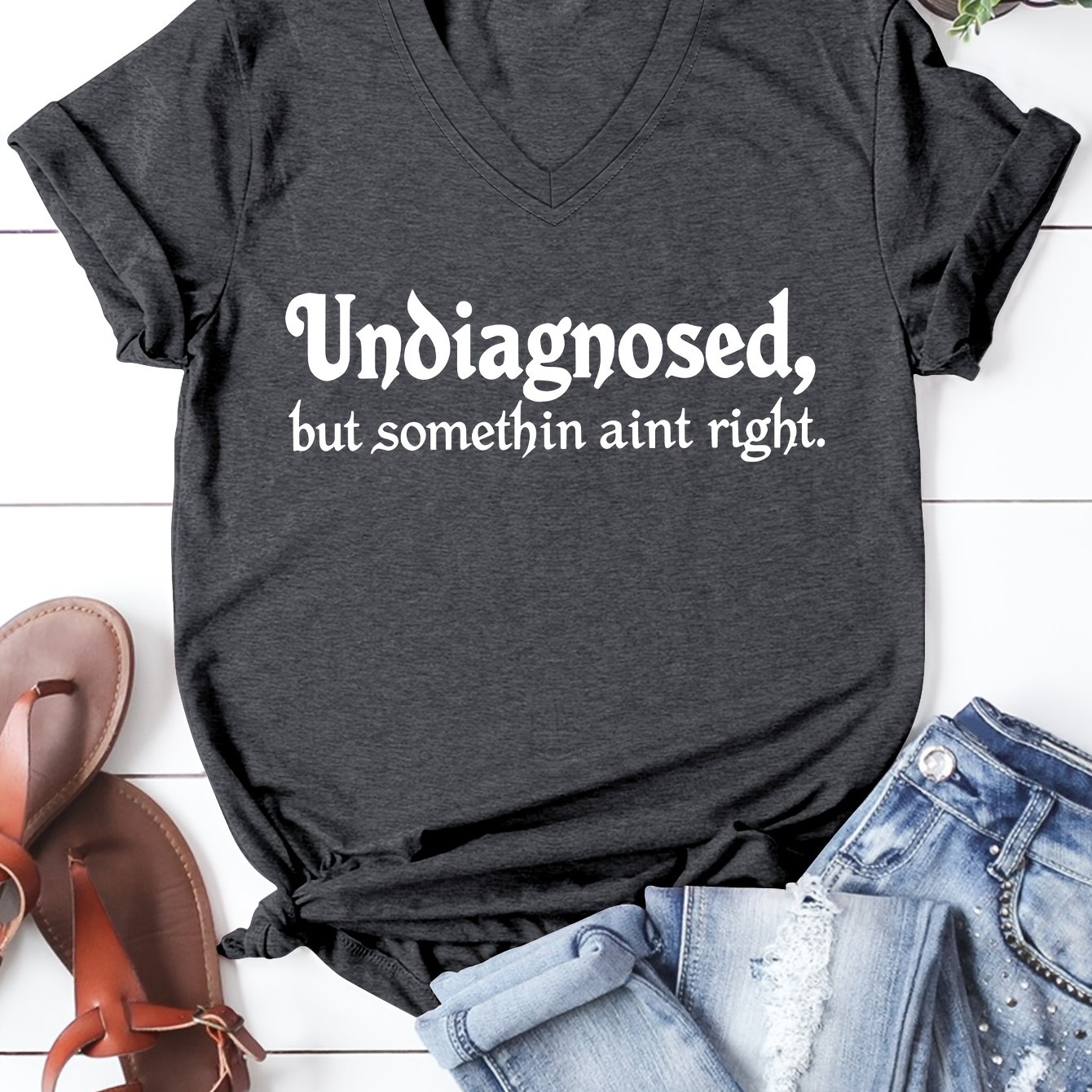 TEMU Unoiagnosed But Somethin In-stock European And American Versatile Letter Women's V-neck T-shirt