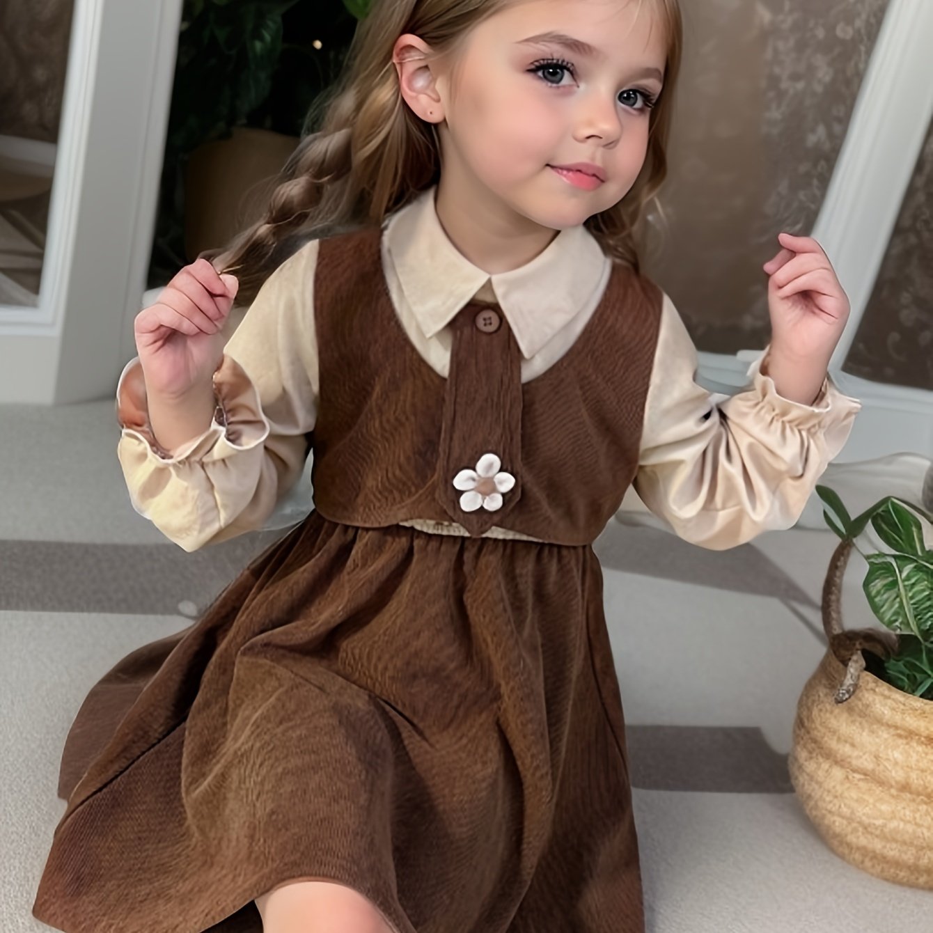 Image of Girls' Spring Autumn Dress Preppy Style Velvet Skirt Girls' Princess Dress Casual Two-piece Long Sleeve Autumn Winter Dress Princess Dress