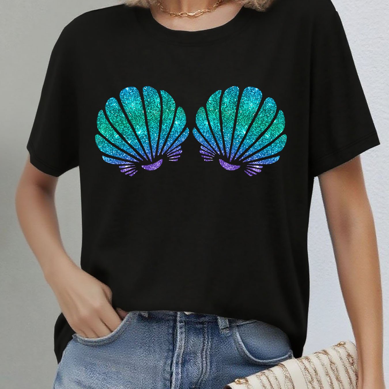 Image of Y-mermaid Shell Bra, Mermaid Shell Bra Apparel, Printed T-shirt, Short Sleeve Round Neck Casual Top, Summer And Spring, Women's Clothing