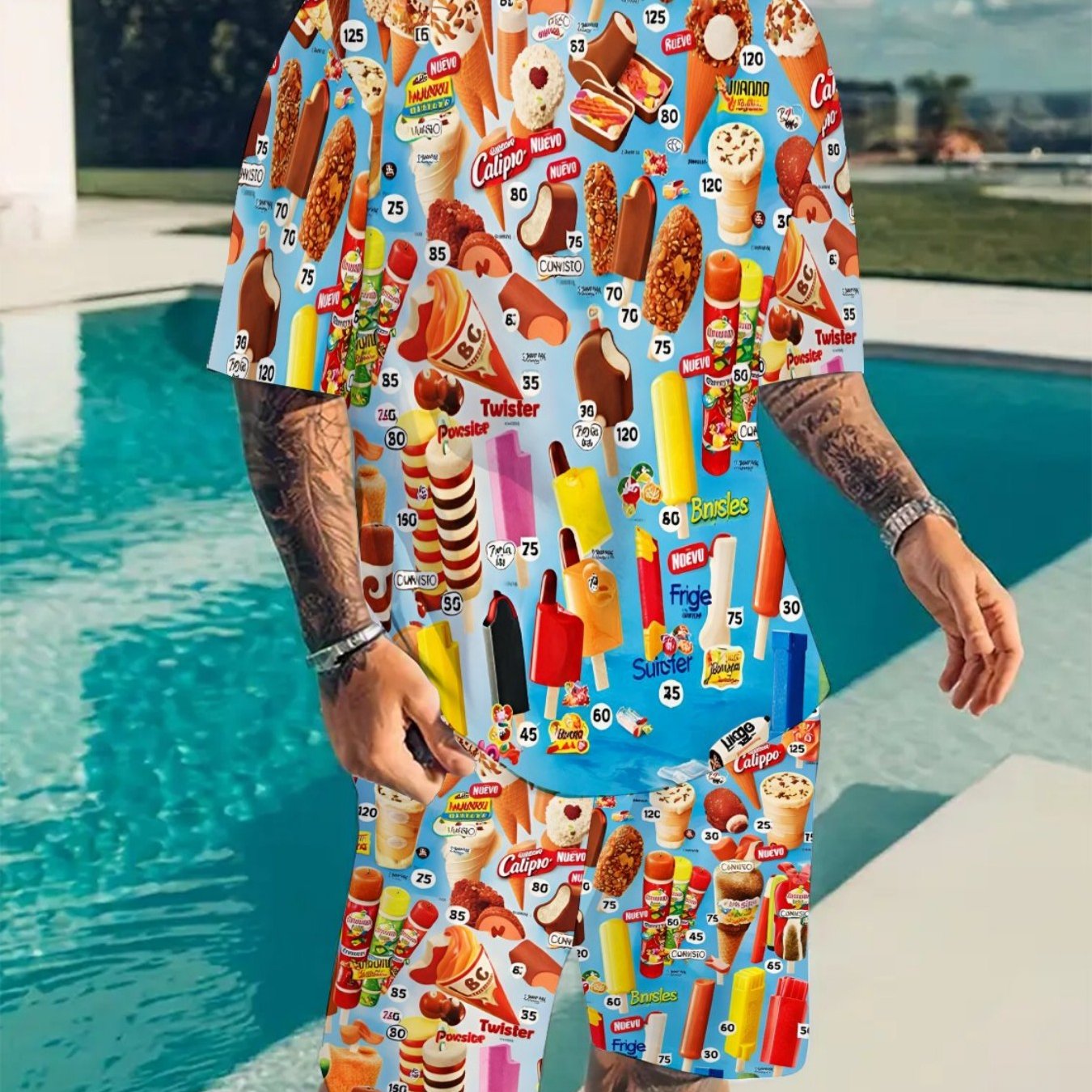 Image of Men's 2pcs Casual Trendy Ice Cream Lolly Summer Treats Pattern Short Sleeve T-shirt And Shorts Set, Men's Fashion For Adults, Men Street Style Casual Wear