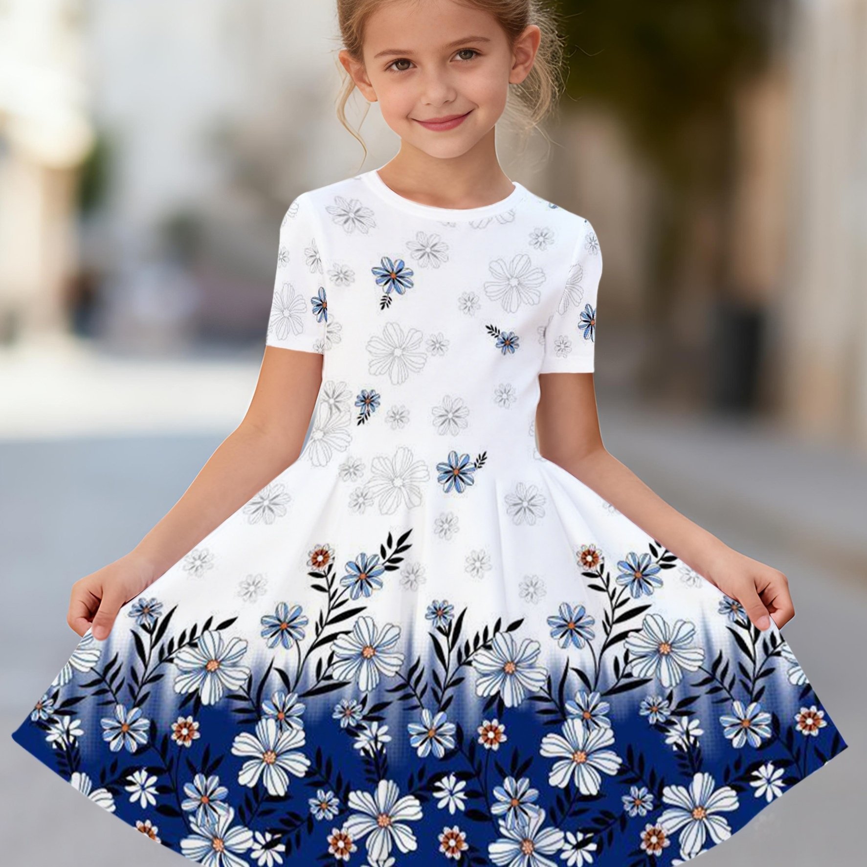 TEMU Summer 3d Printed Pattern Short-sleeve Dress For Girls, Floral Print Short-sleeve Round-neck Casual Loose-fitting Large Hem Dress, Vintage Cute