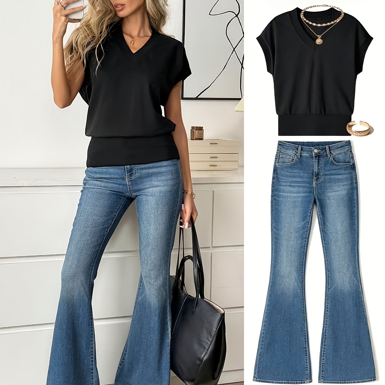 TEMU Women's Casual V-neck Batwing Sleeve Solid Summer T-shirt (ribbed Neckline And Cuffs)