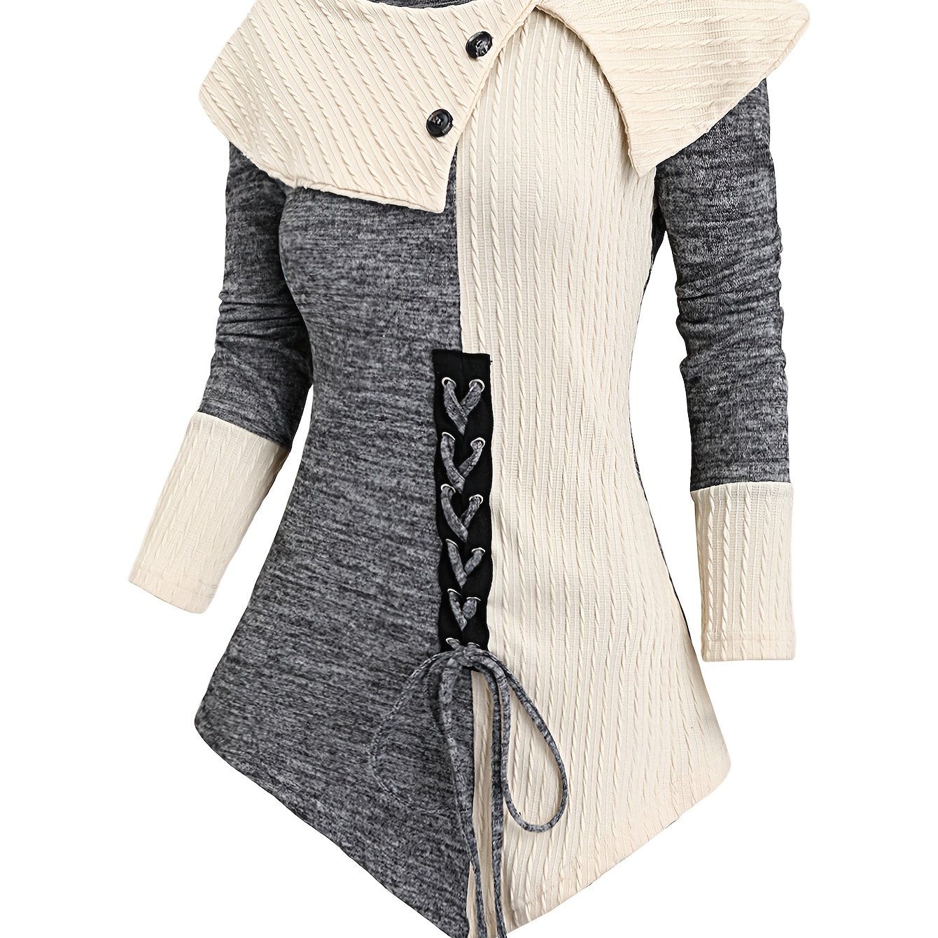 E-shop Y2K-inspiriertes Asymmetrisches Saum Langarm-Oberteil mit -Knopfdetail - Farbblock, Polyester, Maschinenwaschbar - für Herbst/Winter