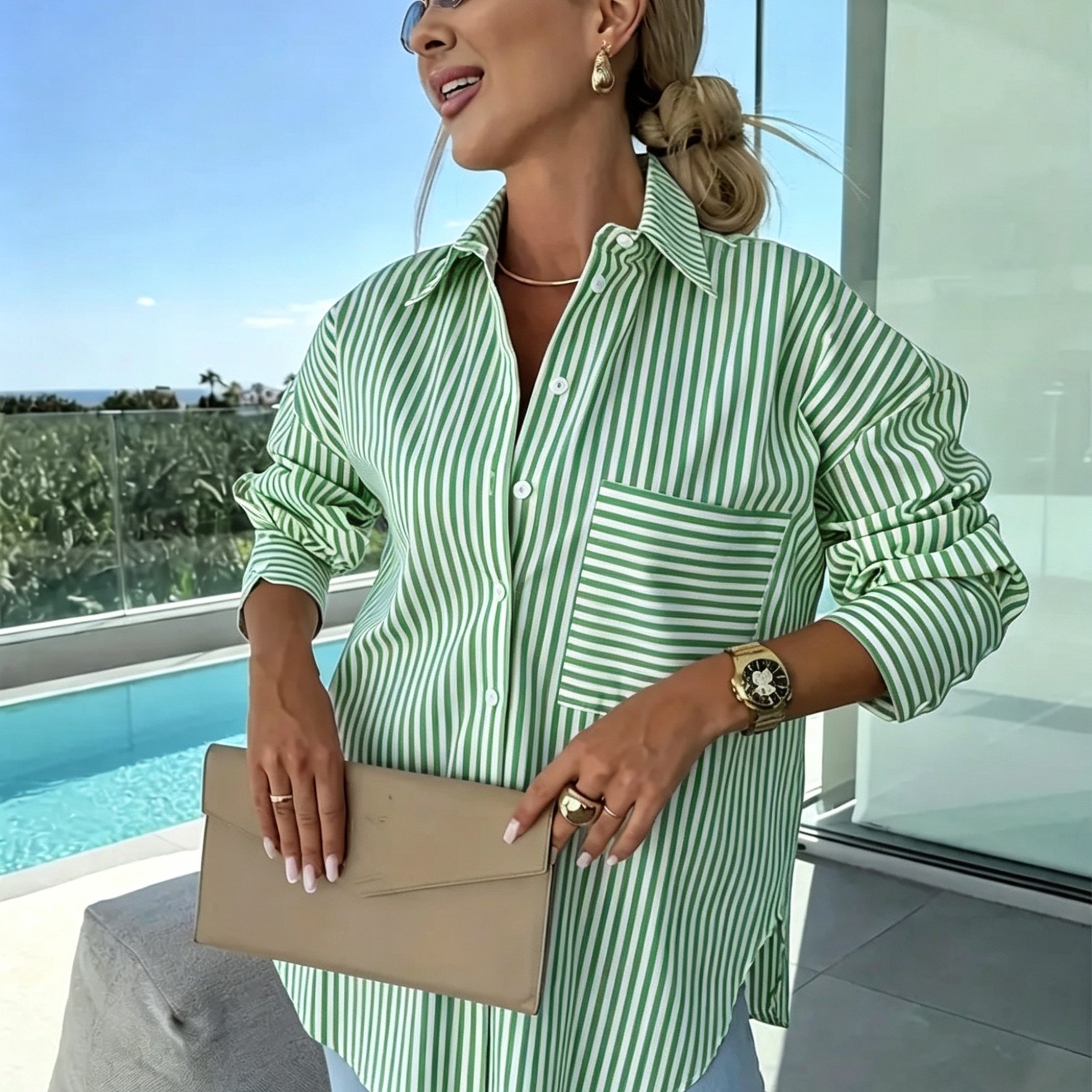 TEMU Chemise Western Décontractée à Rayures, Revers, Ample, Ourlet à Poches et Coupe