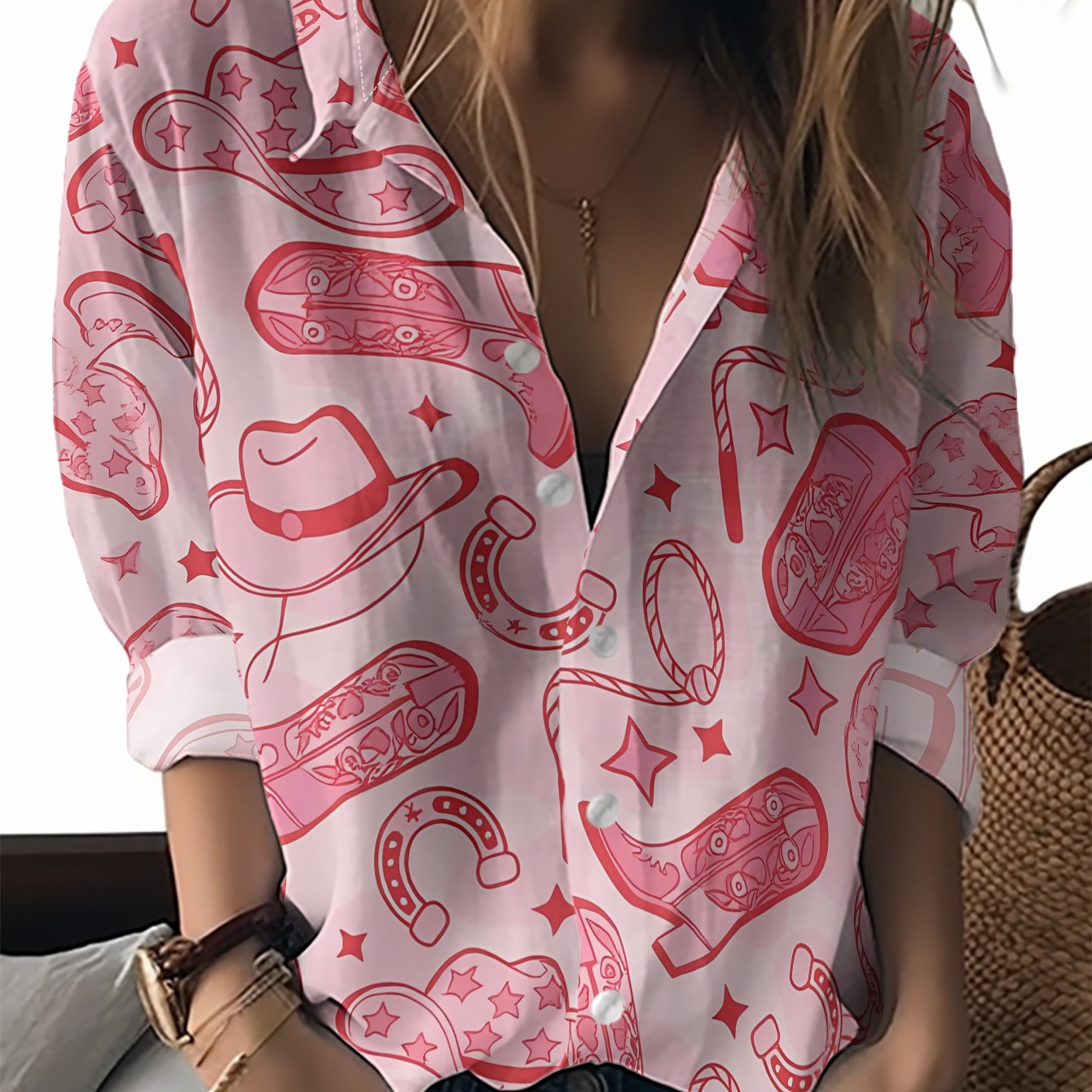 TEMU Women's Long Sleeve Shirt, Pink Western Print, Polyester Fabric, Casual Everyday Versatile Regular