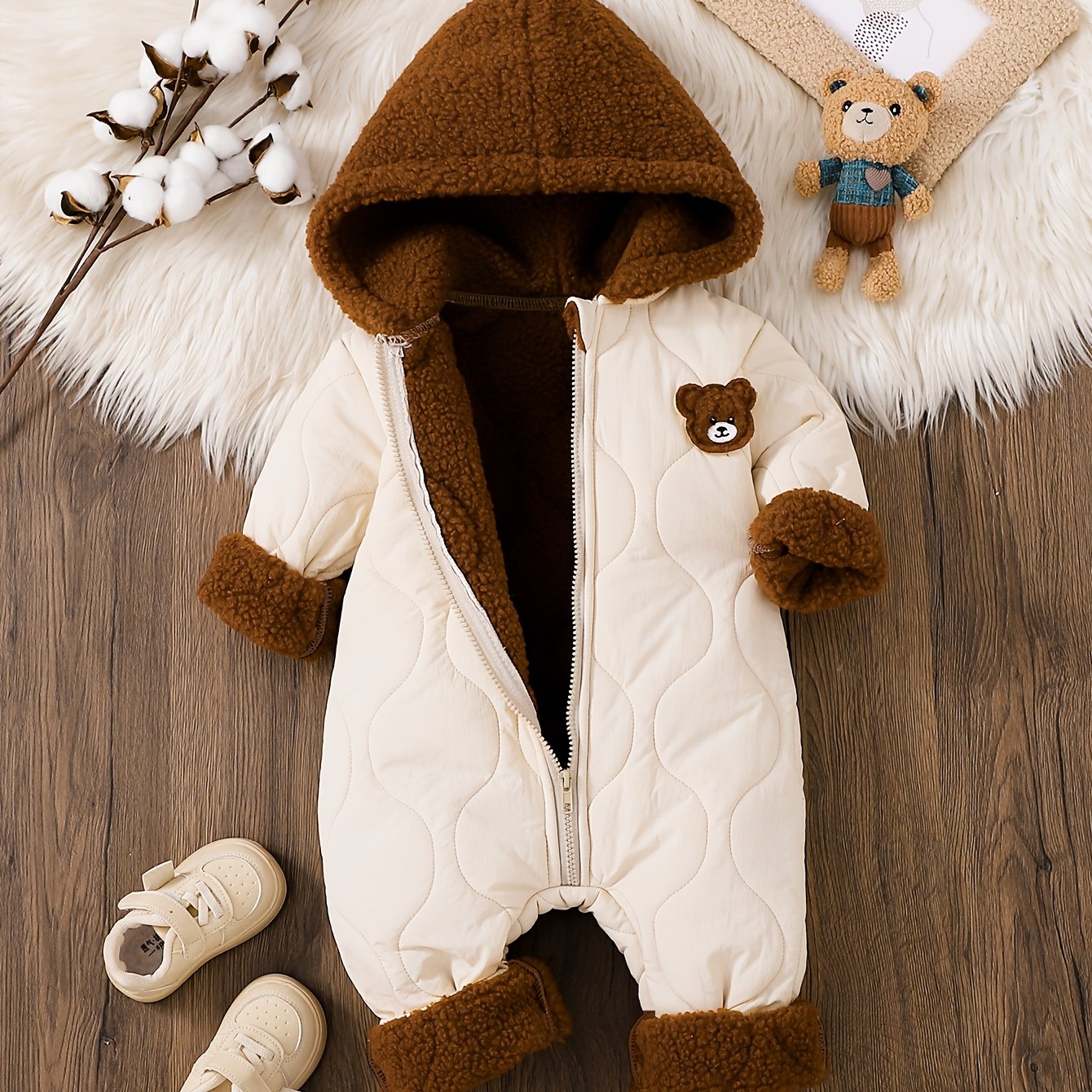 Image of Newborn Baby Girl/boy Loose Bear Pattern Hooded Jumpsuit, Warm And Stylish, Suitable For Autumn & Winter Indoor And Outdoor Wear, Perfect For Outdoor