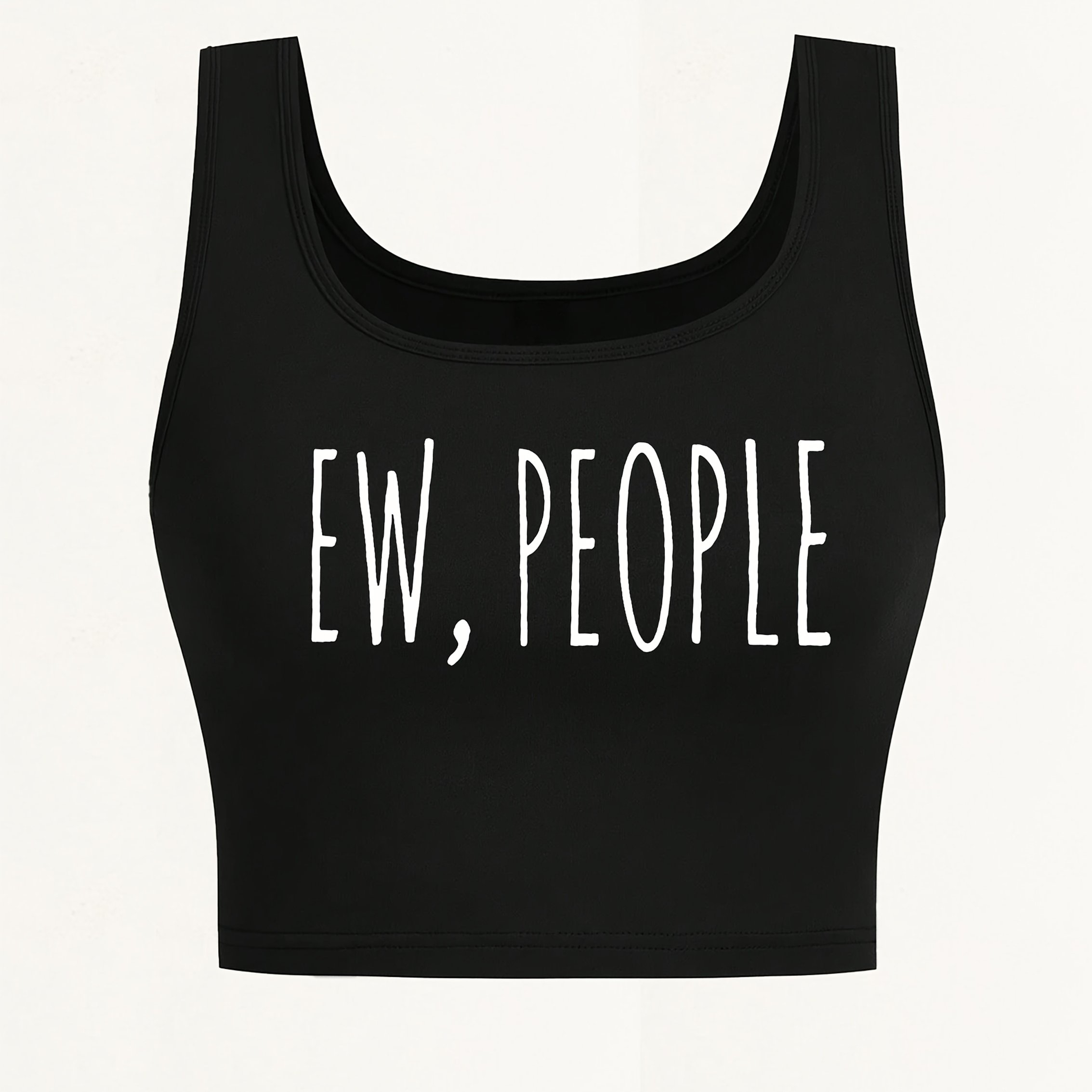TEMU Top Débardeur Femme Manches à Imprimé "EW, PEOPLE" et Illustrations de Chat - Col Rond Épaules Dénudées, Tissu Léger Lavable en Machine pour
