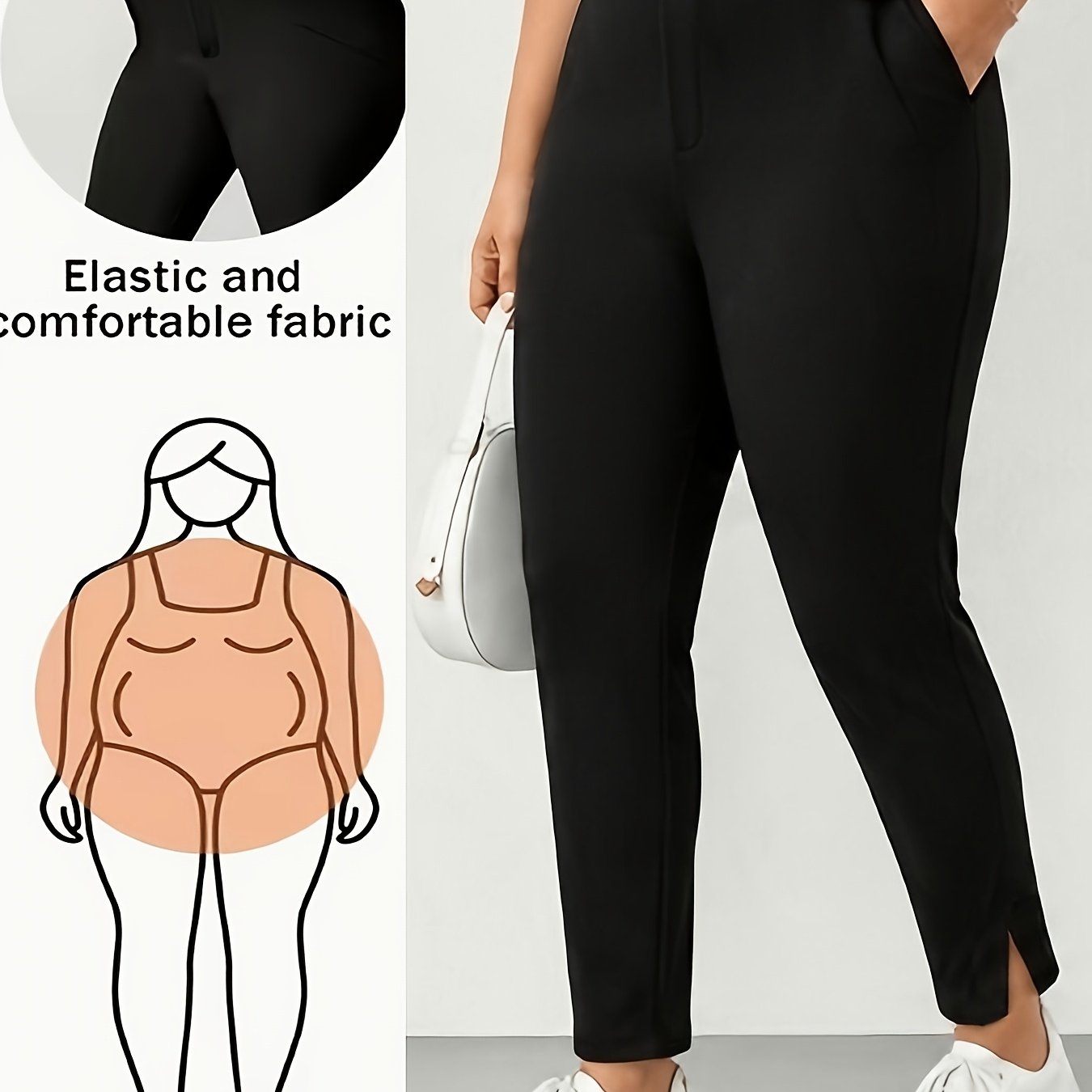 TEMU Plus Size Women's Fashion Casual Stretch Comfortable Daily Basic Trousers, Slant Pockets, Hem Slit Detail, Multi-functional Stretch Waist Solid