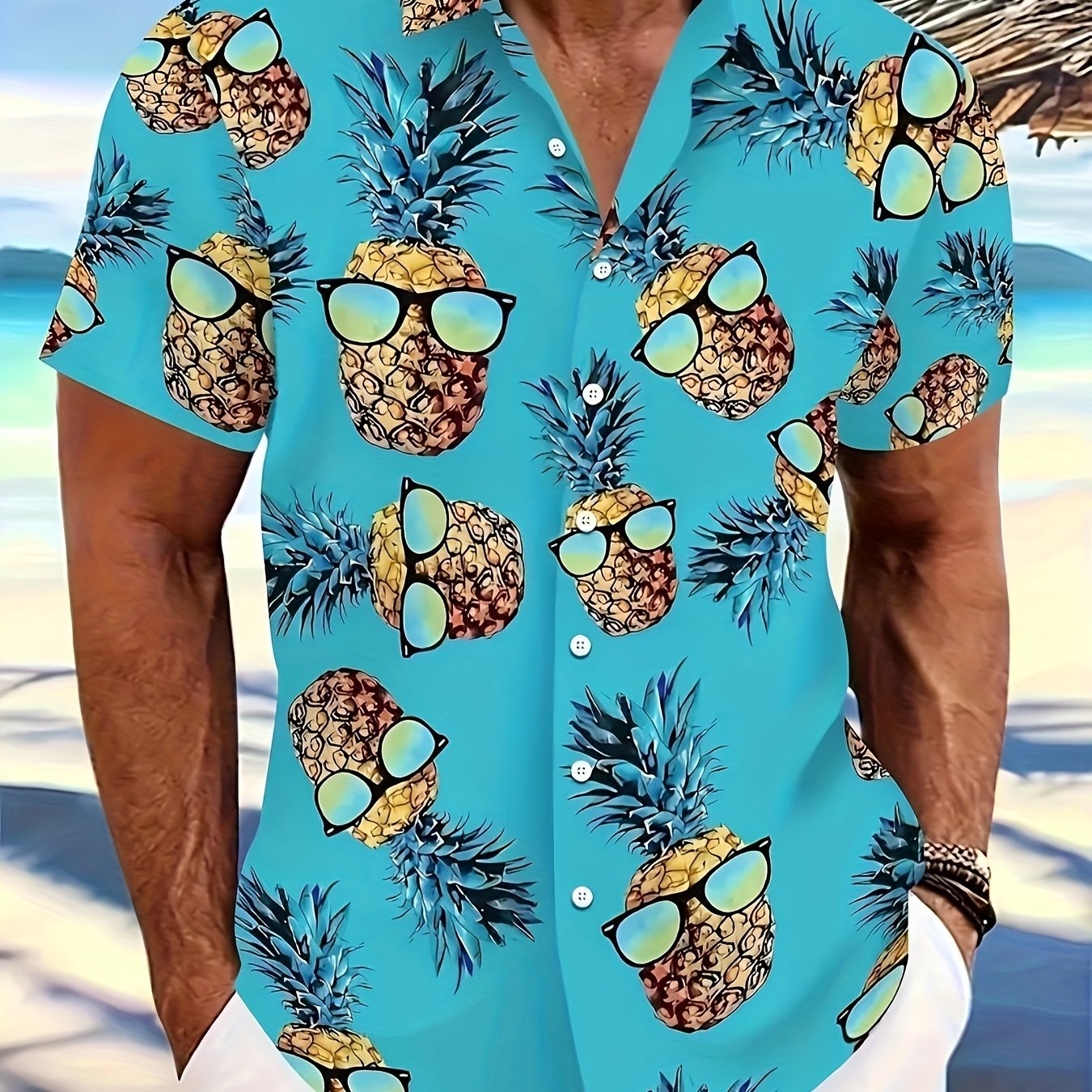 TEMU Men's Print Short Sleeve Shirt - Breathable, Quick-dry Polyester, Casual Button-up For Summer & Vacations