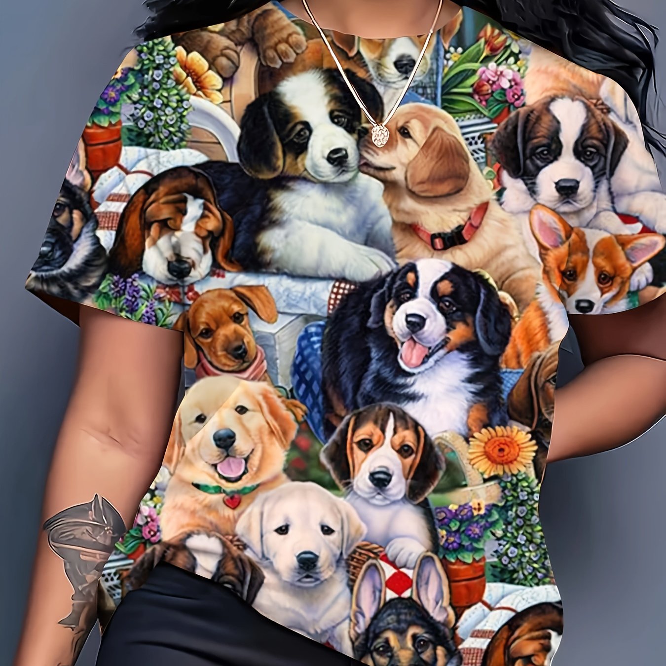 TEMU Women's Full-body Puppy And Floral Dog Print T-shirt- Short-sleeved, Round-neck Casual Top Featuring Multiple Dog Breeds, Machine Washable