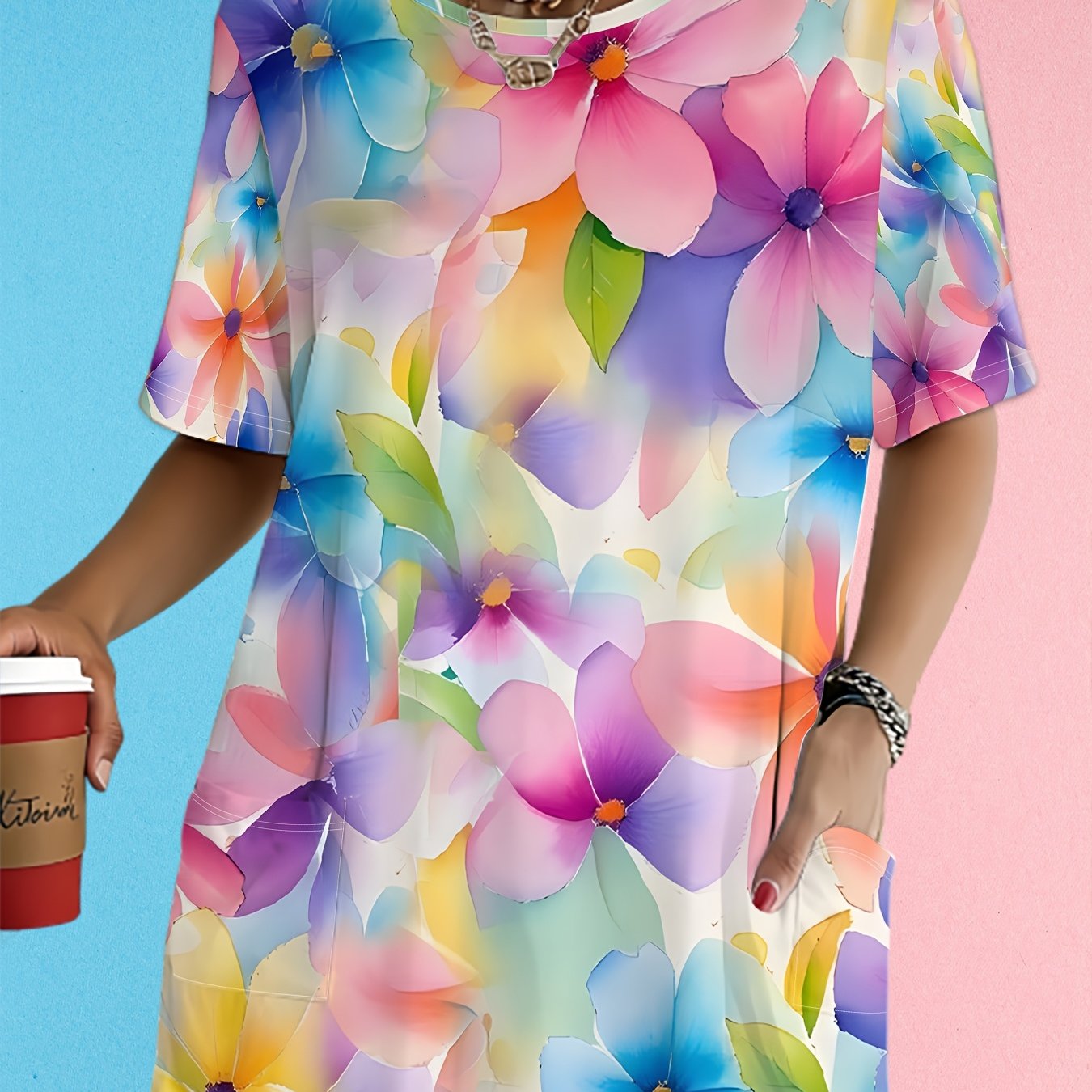 TEMU Plus Size Women's Watercolor Floral Print Round Neck Short Sleeve T-shirt With Pocket For Sporty In Summer