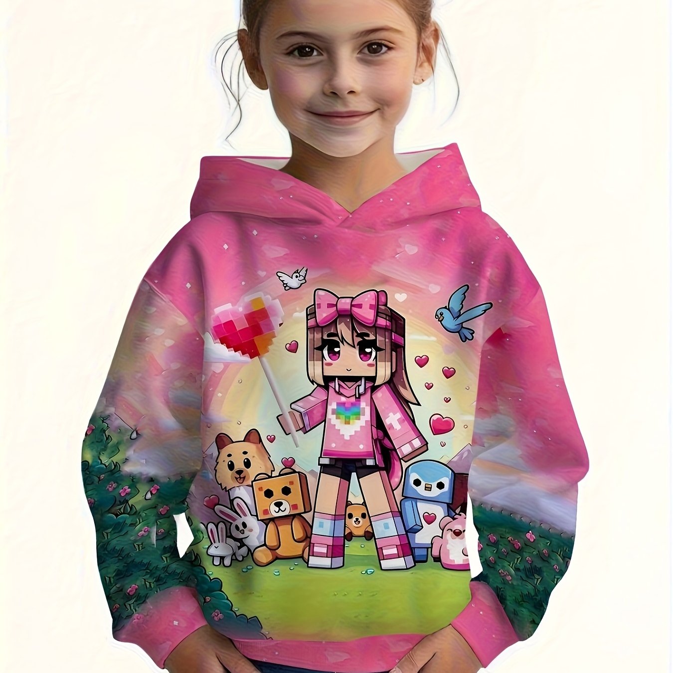 TEMU 3d Printed Autumn/winter Pixel Art Character Pattern Hoodie For, Outdoor Wear, K-pop Gradient Sweatshirt, Cartoon Animal Pattern Pullover For