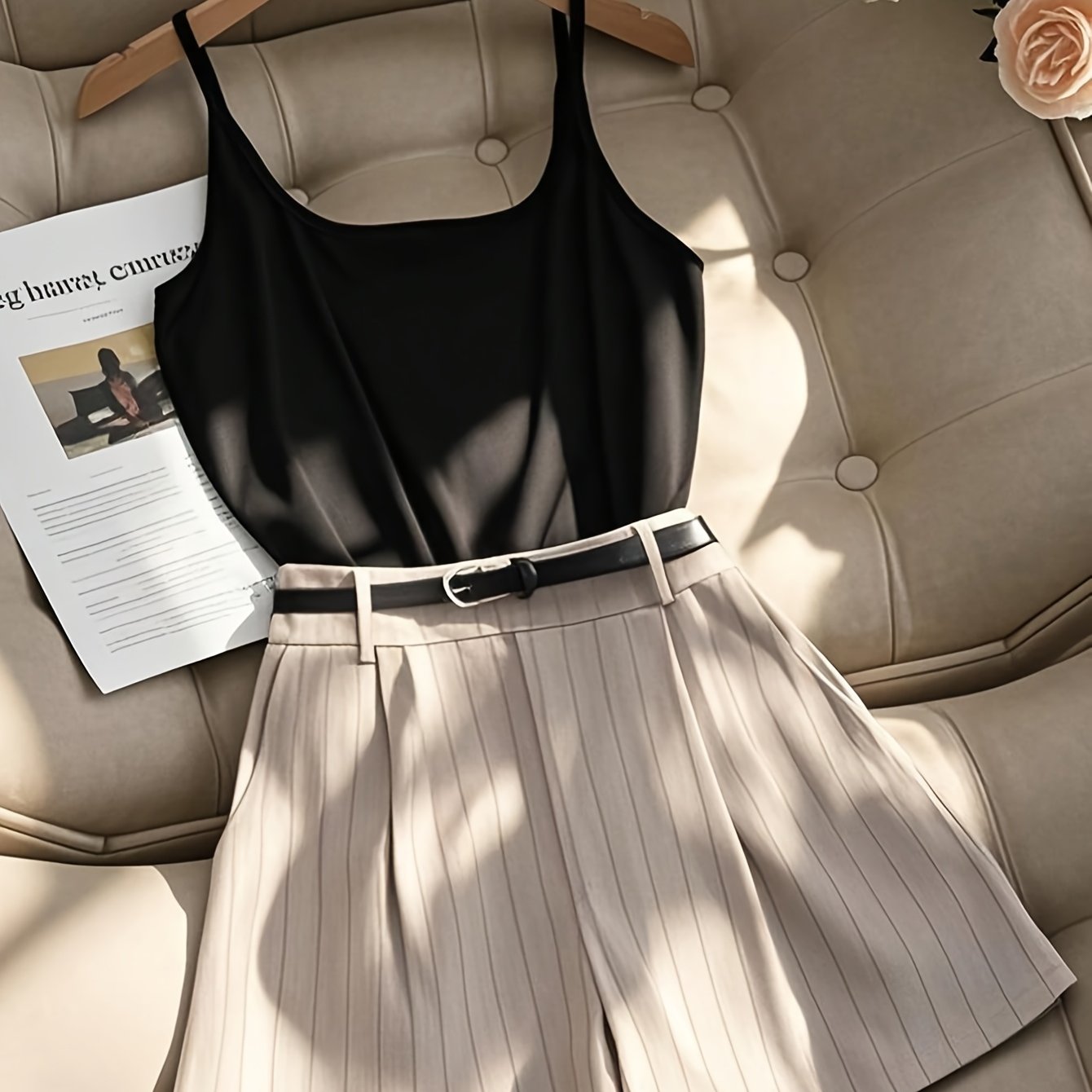 E-shop Damen Schwarzes Weste-Set, kombiniert mit lockerem gestreiftem Khaki Wide-Leg Bermuda-Shorts, geeignet für Freizeit- und Alltagstauglichkeit,
