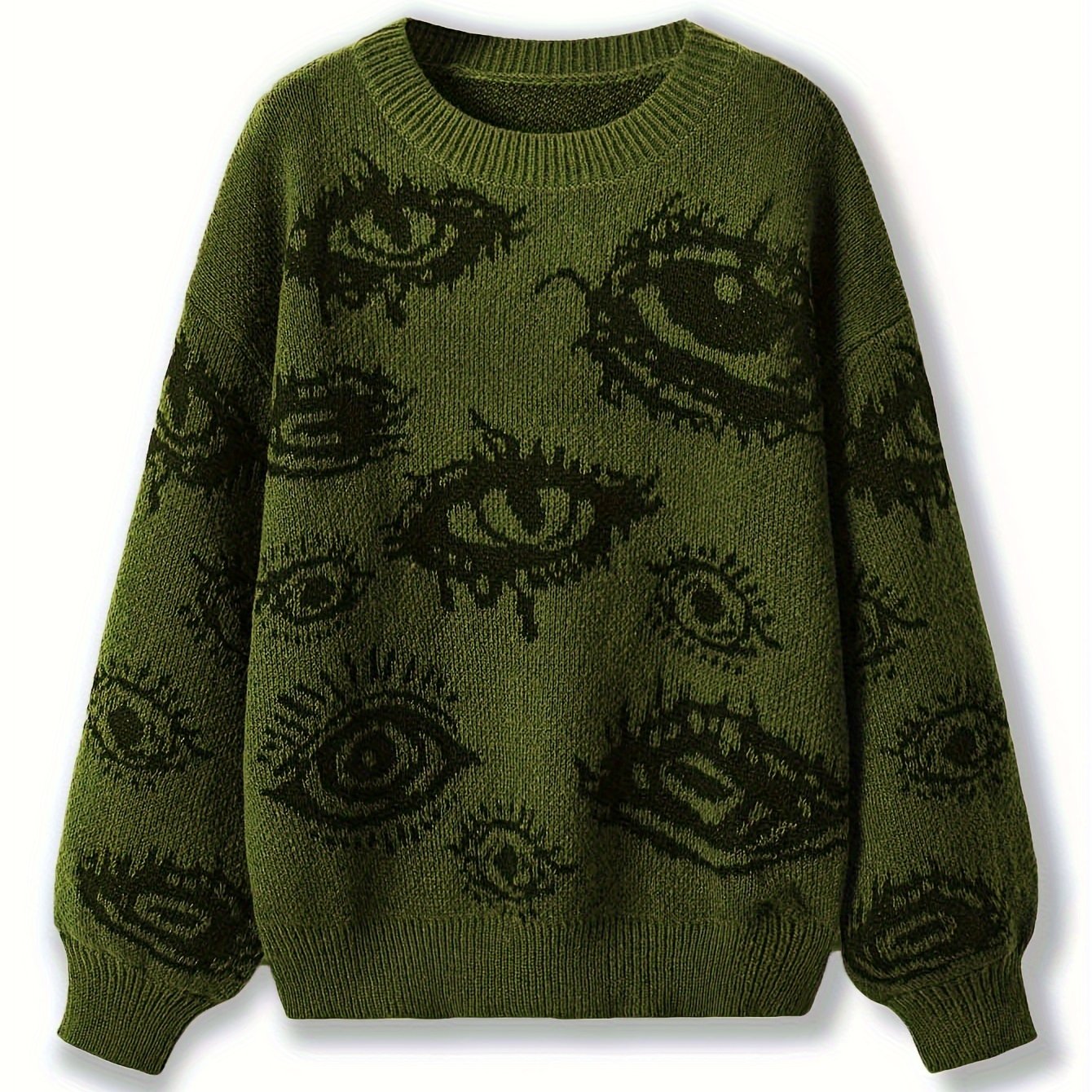 Image of Women's Punk Eye Print Drop Shoulder Long Sleeve Sweater, Casual Loose Top For Autumn And Winter
