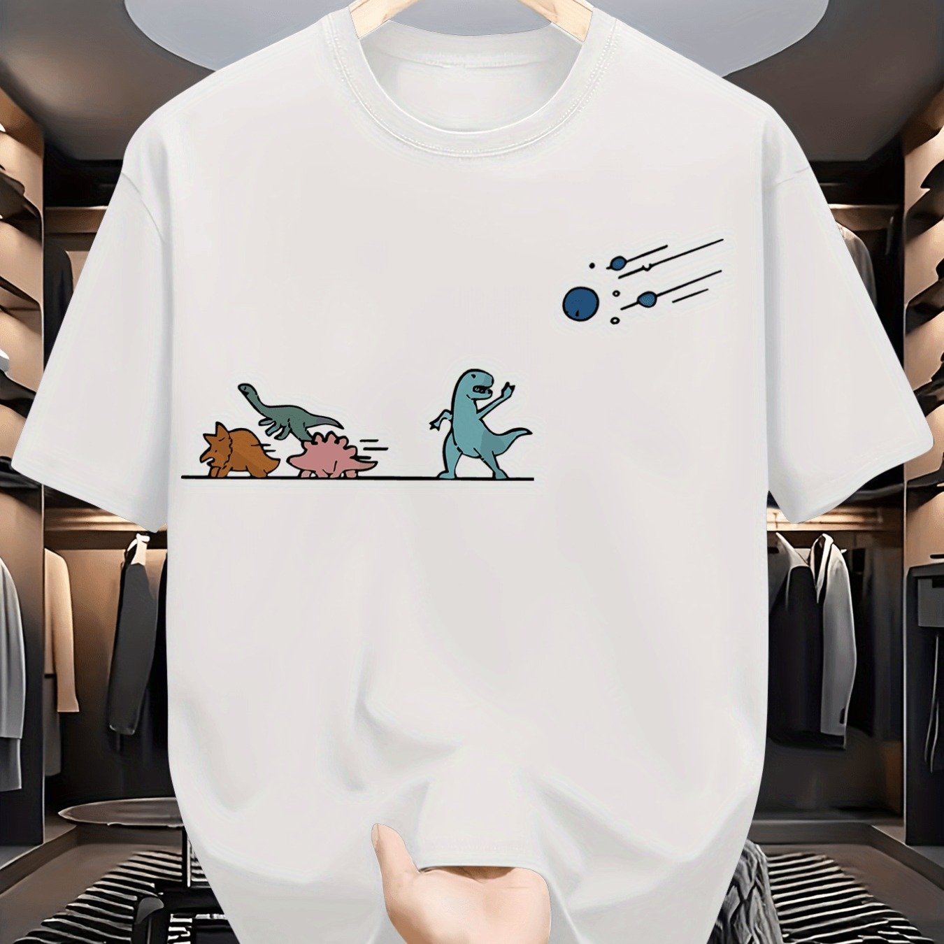 Creative Trendy Dinosaur Whimsical Print Short Sleeve T-shirt | , Crew Neck, Regular Fit, Stretch Fabric