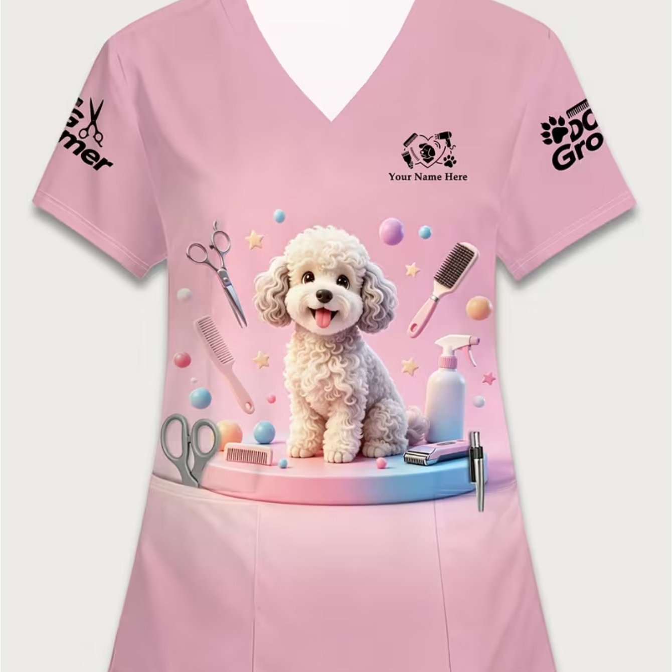 TEMU Plus Size, Customizable Name/text Pink V-neck Short-sleeve Style Top Suitable For Pet Groomers, Teddy Print Work Uniform With Pocket - Machine