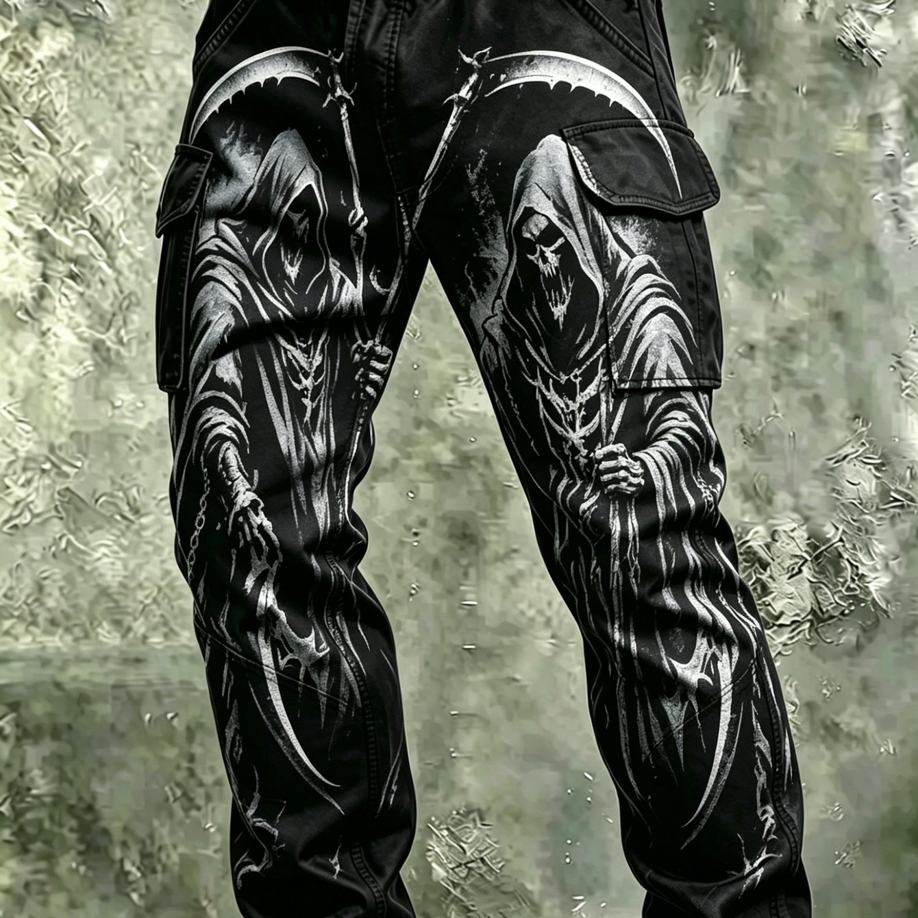 Image of Men's Black Reaper Cargo Pants, Gothic Streetwear Casual Multi-pocket Tapered Trousers