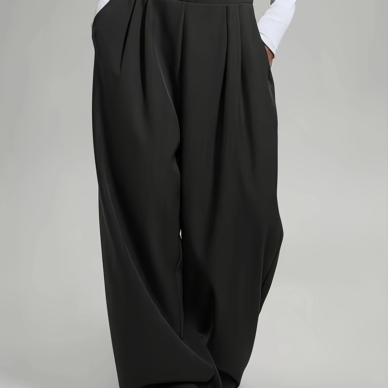 Image of Women's Elegant Wide- Trousers With Elastic Waist - Loose Fit Full-length Pants Suitable For Casual, Office & - Wear - Solid Color Pants (no Included)