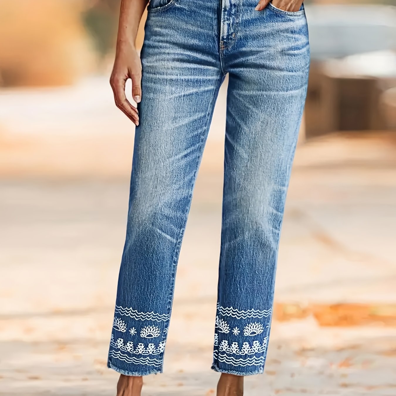 Image of ' Straight-leg Stretch Denim Pants With Ethnic Embellishment - Washed Jeans Suitable For - Wear, Casual Elegant To Weekend Outfits