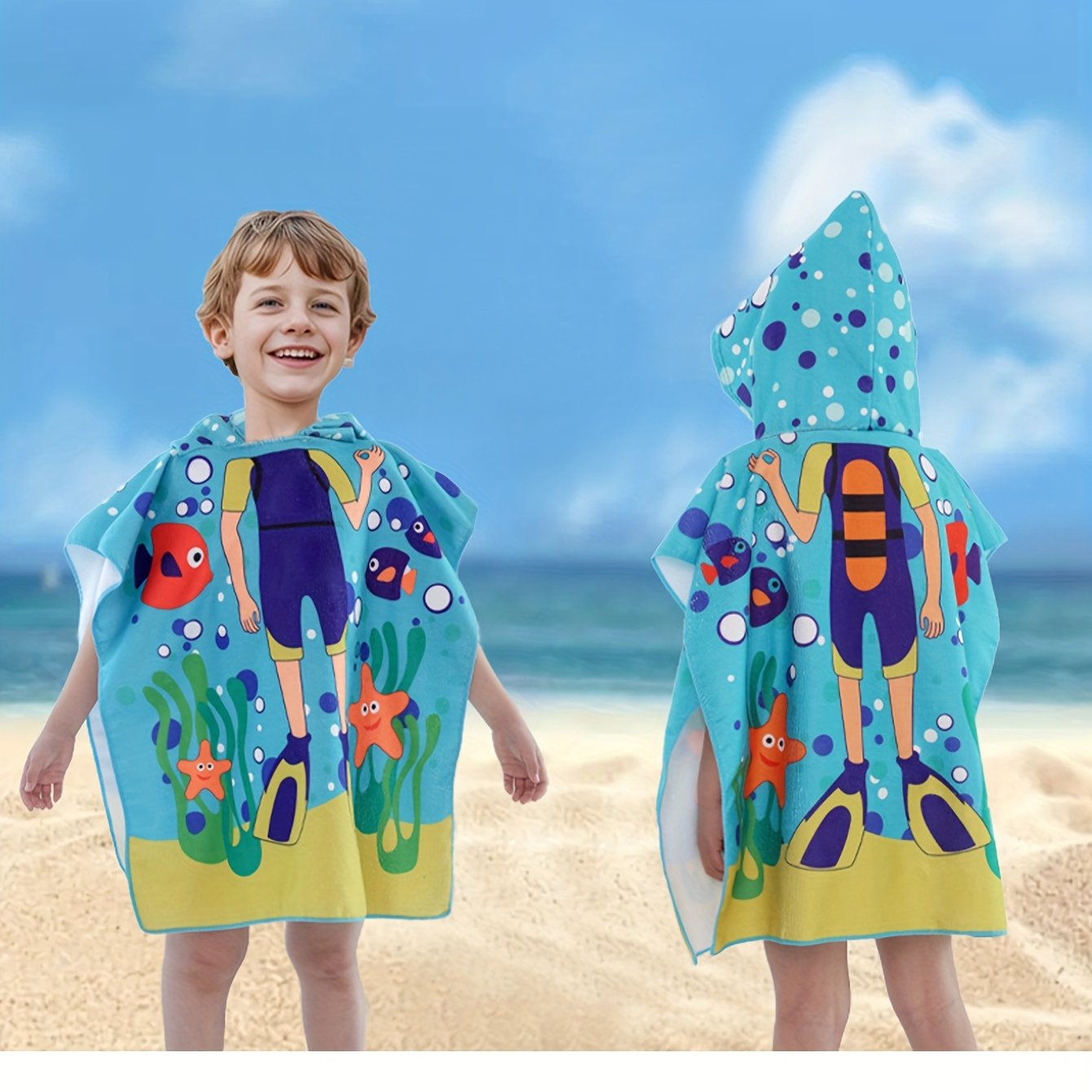 A Single Piece Boys' Bathrobe Featuring Animal Cartoon Designs, With A Hood, Suitable For The Beach And Indoor Parties