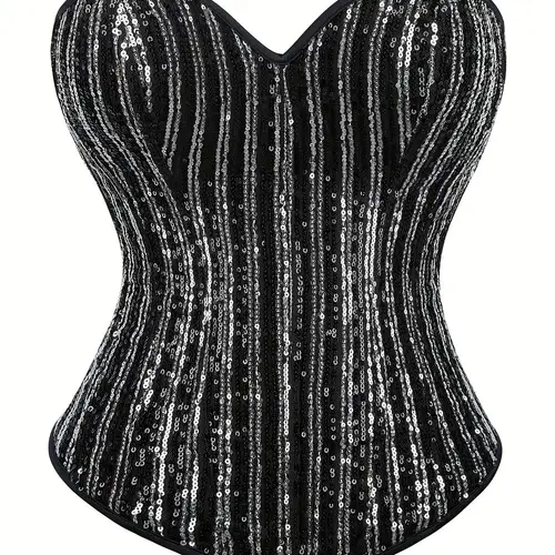 womens sequined corset top silvery and black striped lace up back zippered strapless bustier vintage court style for costume party