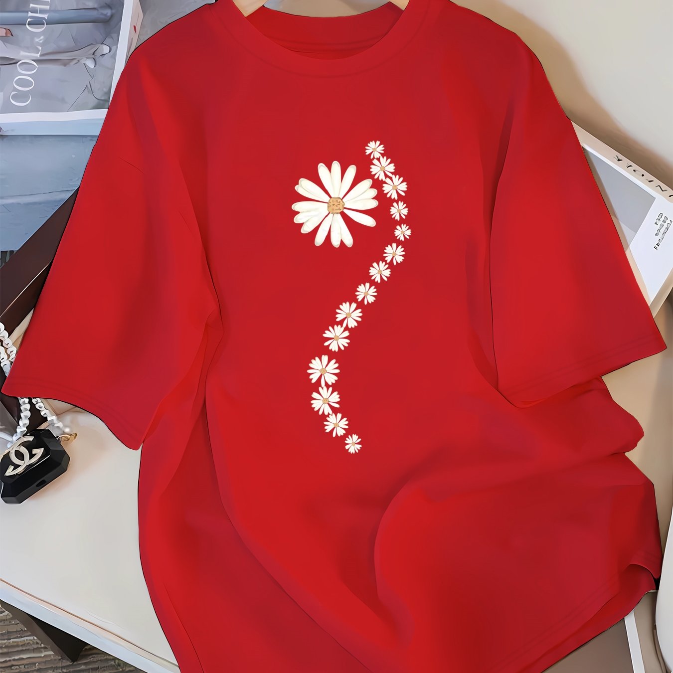 TEMU Casual Short Sleeve Round Neck T-shirt Suitable For Spring Summer Fall - Soft Breathable Blouse With Daisy Flower Print, Loose For Pajamas &