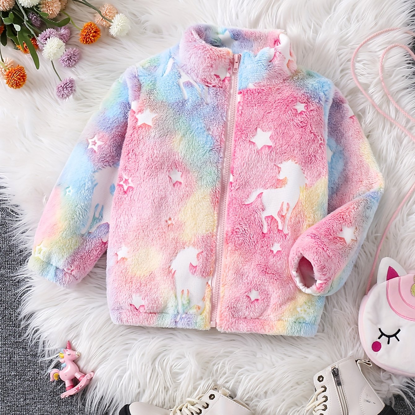 Girls' Cute Zipper Collar Fleece Reversible Casual Outing Warm Coat