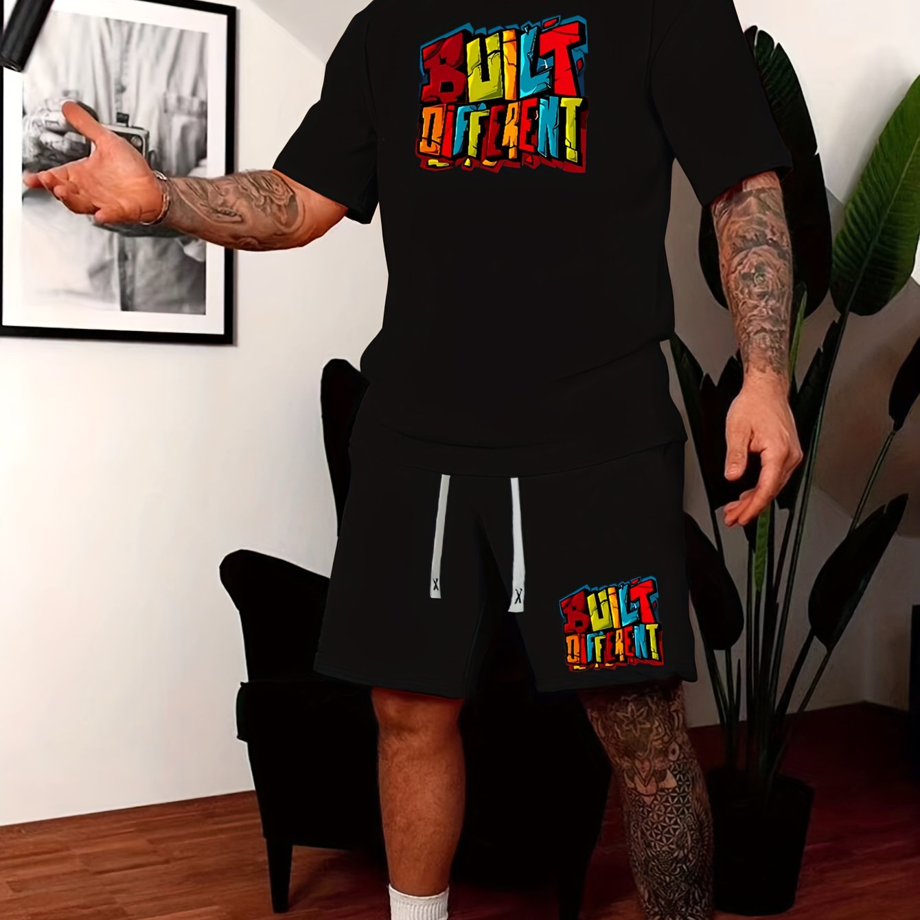 TEMU Men's Summer Colorful Graffiti "" Letter Print Crew Neck Short Sleeve T-shirt And Drawstring Shorts Set, Style Casual Sportswear 2pcs Set