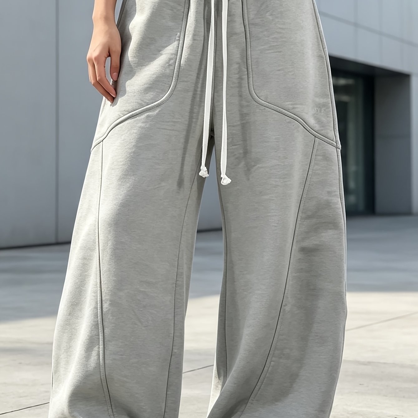 TEMU Light Gray Drawstring Loose Large Pocket Split Wide-leg Sweatpants Floor-length Street Drape Casual Athletic Trousers