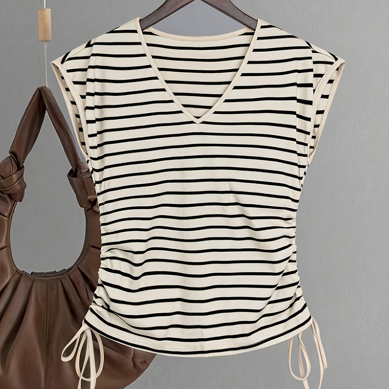 TEMU Women's Slim-fit V-neck Short Sleeve T-shirt - Vertical Striped Elegant Top With V-neckline & Short Sleeves, Casual Blouse For Spring Summer