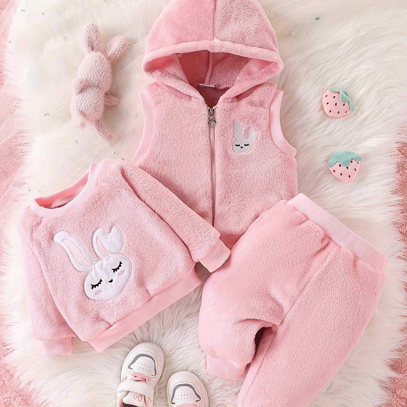 Image of Baby Girl Winter Thickened Cute Embroidered Bunny Pattern Plush Hooded Jacket, Plush Embroidered Top + Pants, 3pcs Set, For Outdoor
