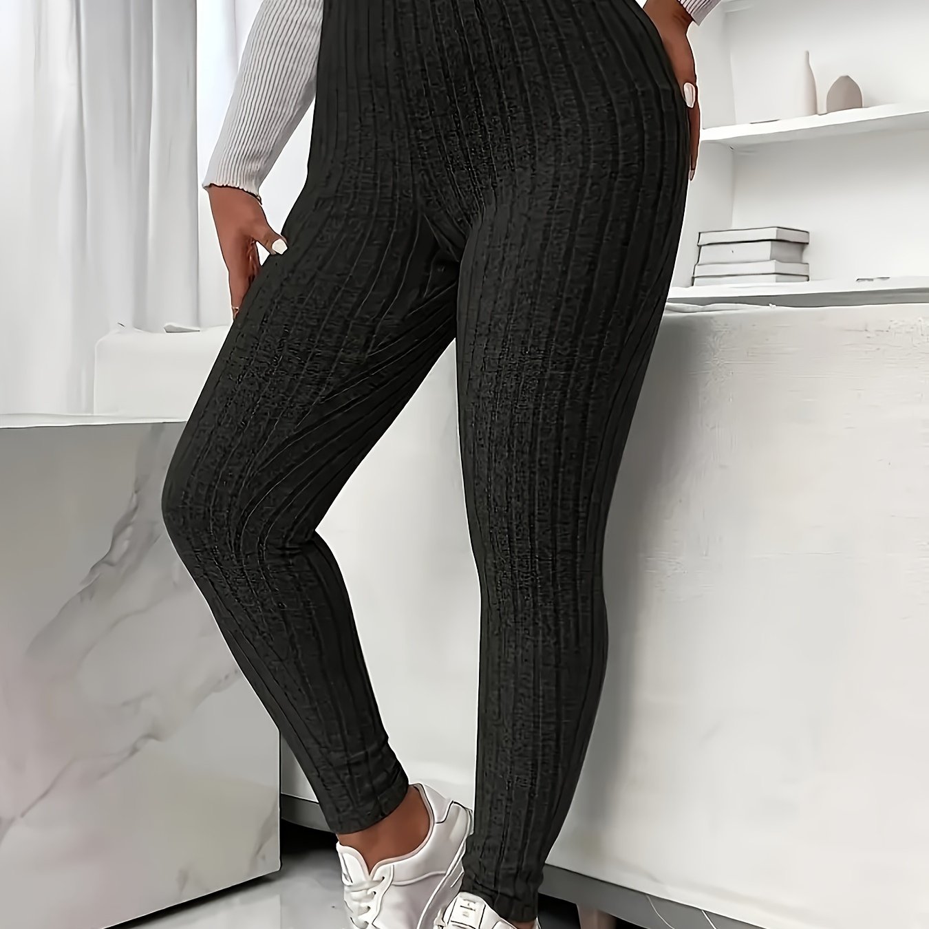 TEMU Plus-size Women's Ribbed Leggings - Mid-stretch Slim-fit Pants With Striped Pattern, Machine Washable Elegant Trousers For Casual & Mature