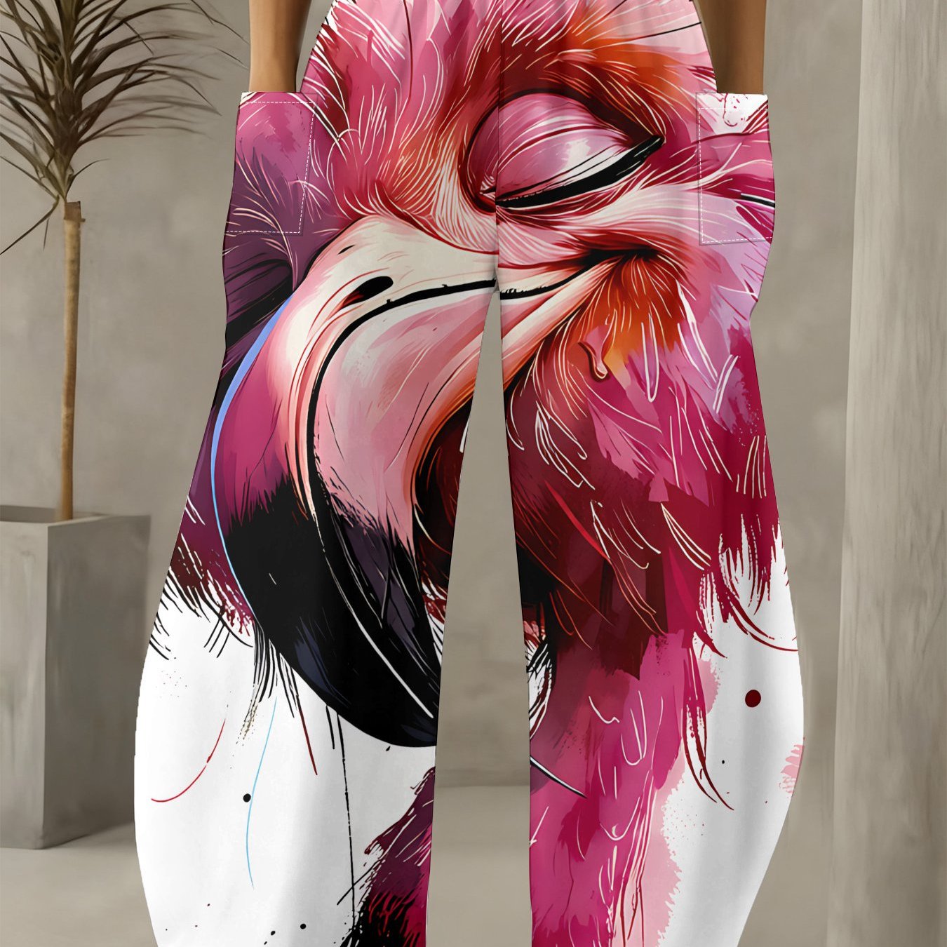 TEMU Flamingo Wide-leg Pants With A Graffiti Design: Featuring A With Of Ink And Vibrant Flamingos, Pants A Trendy And Wild Vibe, Perfect For Street