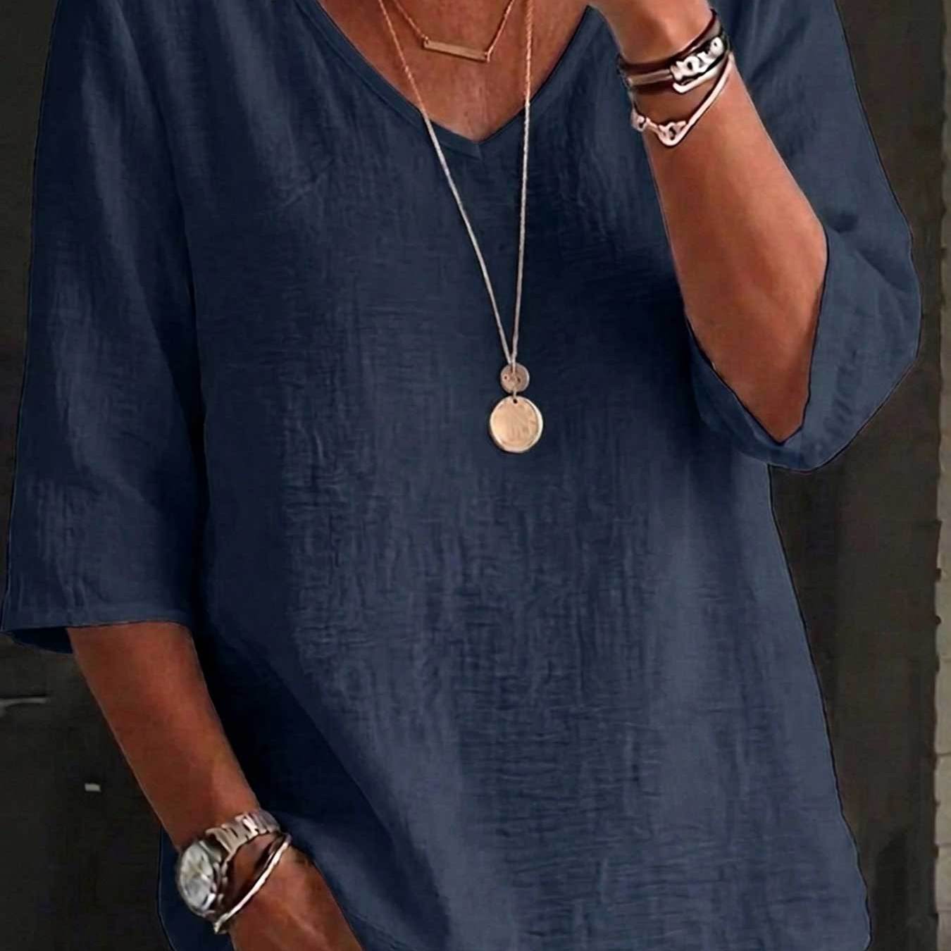 TEMU Solid Color Qf Women's Summer Apparel Three-quarter Sleeve V-neck Loungewear Daily Casual Elegant Top