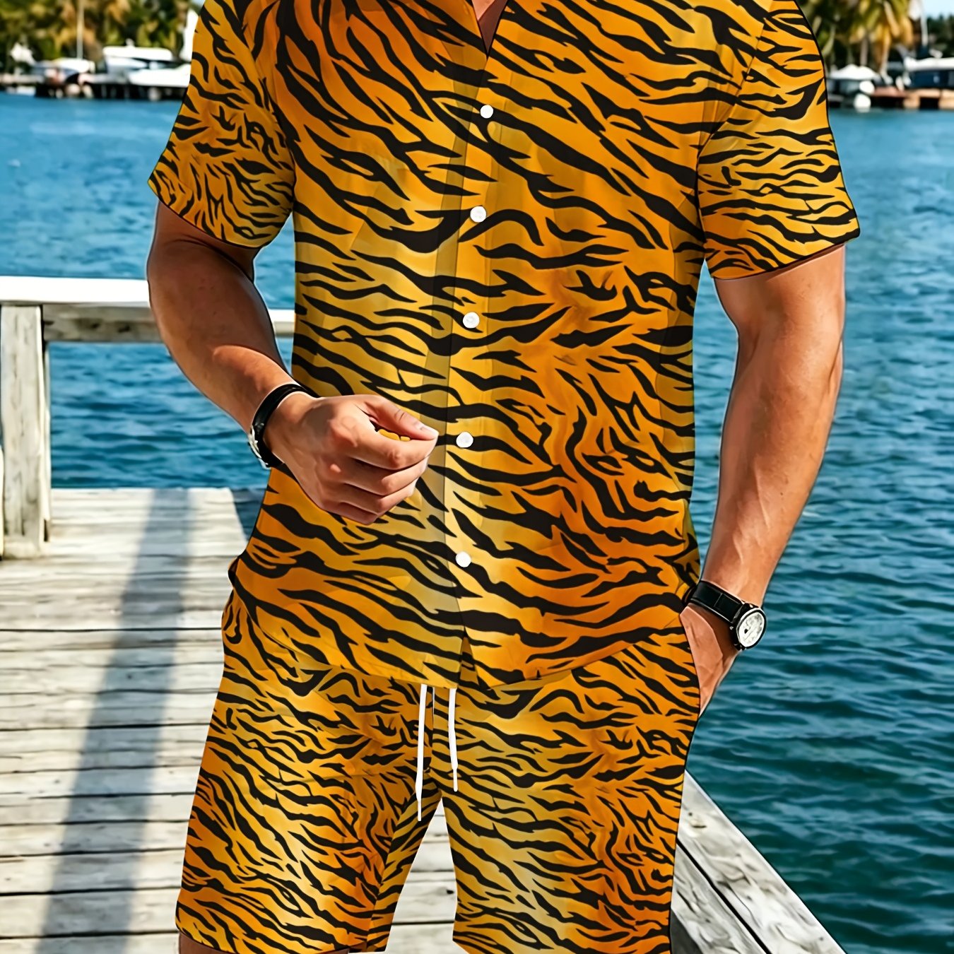 TEMU [printed Design Not Textured]men's Tiger Print Polyester Shirt And Shorts Set Lightweight Breathable Beach Wear For Outdoor Activities Vacation