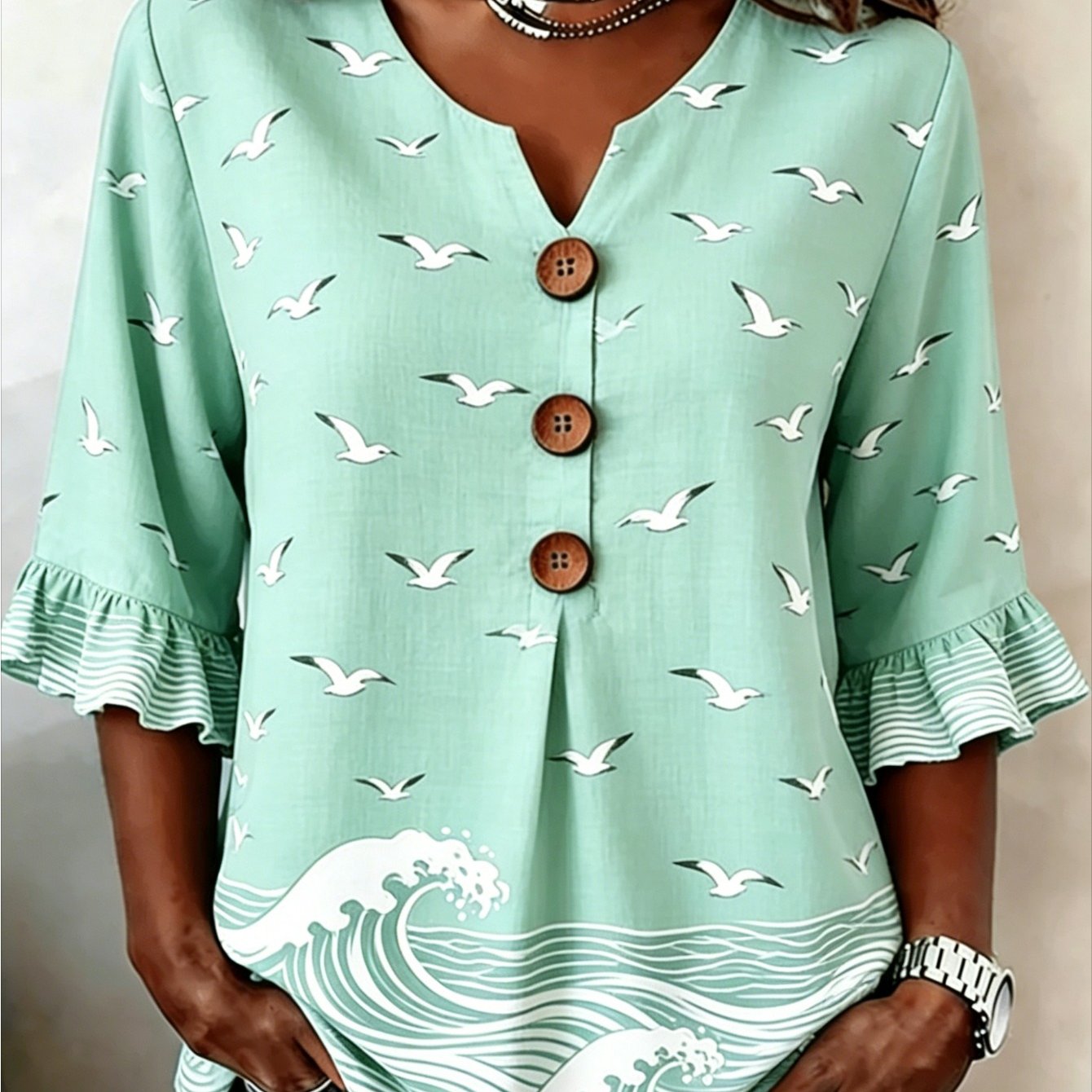 Image of Plus Size, Plus-size Women's V-neck Button-style - Casual Top, Suitable For Beach And Casual Attire, For Mothers And Sisters