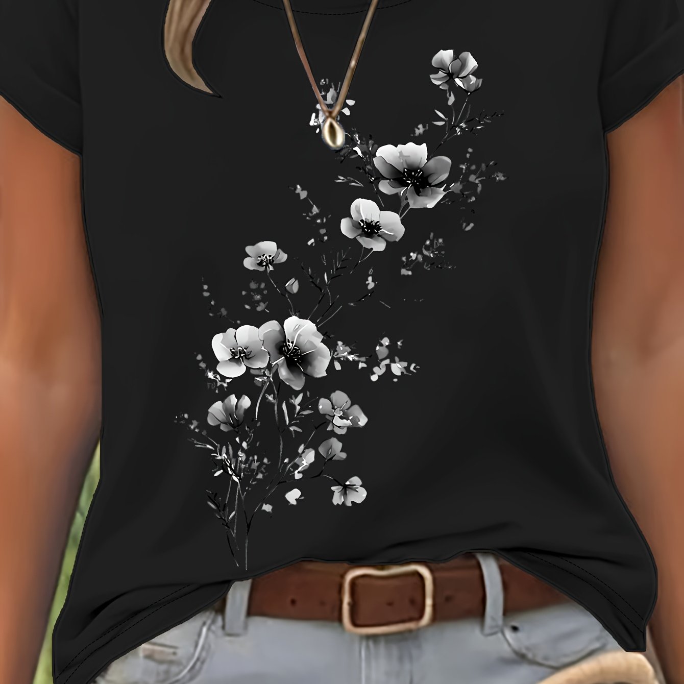 TEMU Watercolor Pure Floral Print | Casual Crew Neck Short Sleeve T-shirt For Women, Spring/summer