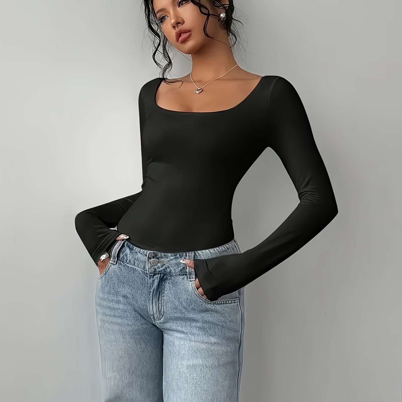 Image of Women's Soft Slim Fit Long Sleeve Crew Neck T-shirt - Stretchy Top, Solid Color H-shape Cut, Casual And Formal Wear, Hand Washable, Women's -shirt, Versatile And Fashionable