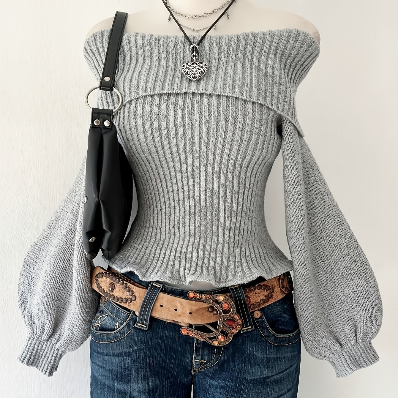 Image of Y2k Retro Cute Off-shoulder Hole-striped Sweater With Cinched Waist And Lantern Sleeves, Spicy Short Top
