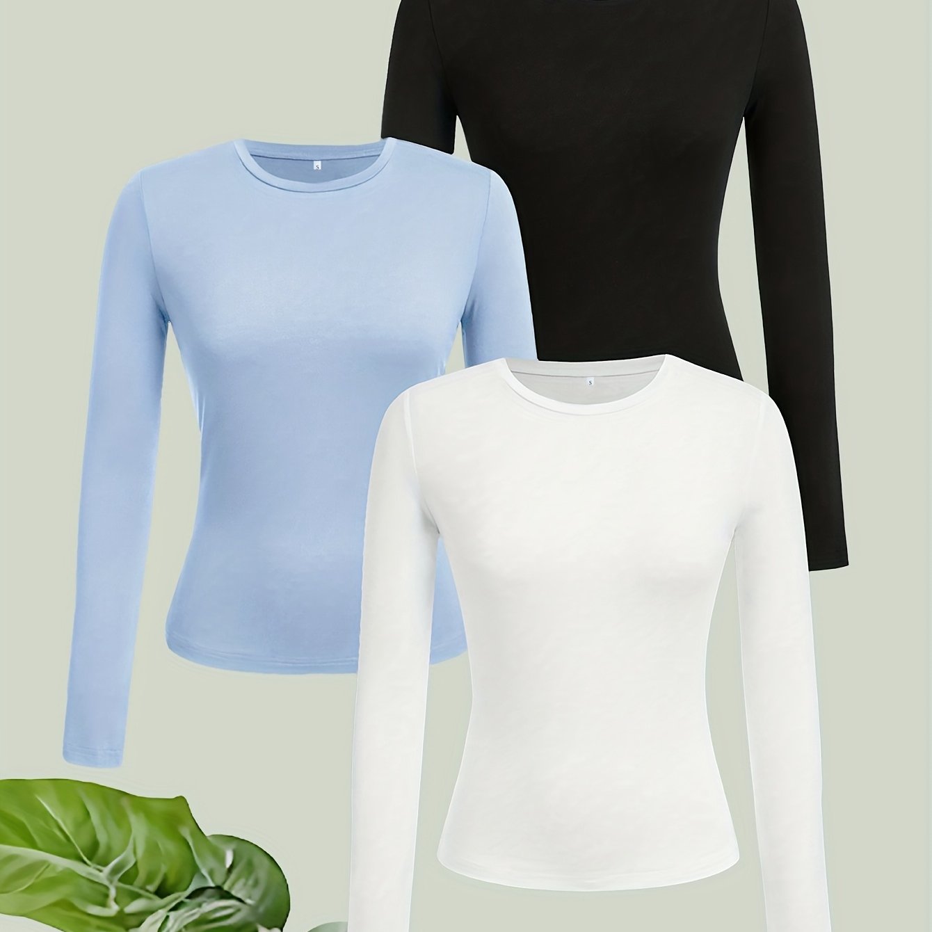 E-shop 3er-Set Damen Rundhals Freizeit Skinny Langarm T-Shirt (, Blau), geeignet für Herbst Winter