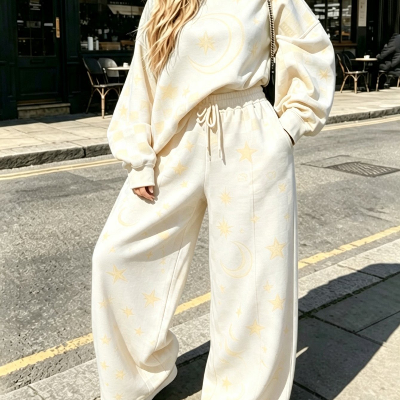 Image of Celestial Moon Star Pattern Womens 2pcs Set Womens Crew Neck Sweatshirt High Waist Wide Leg Sweatpants Set Essential Spring Summer Trend Durable Casual Fashion Breathable Trendy Cool