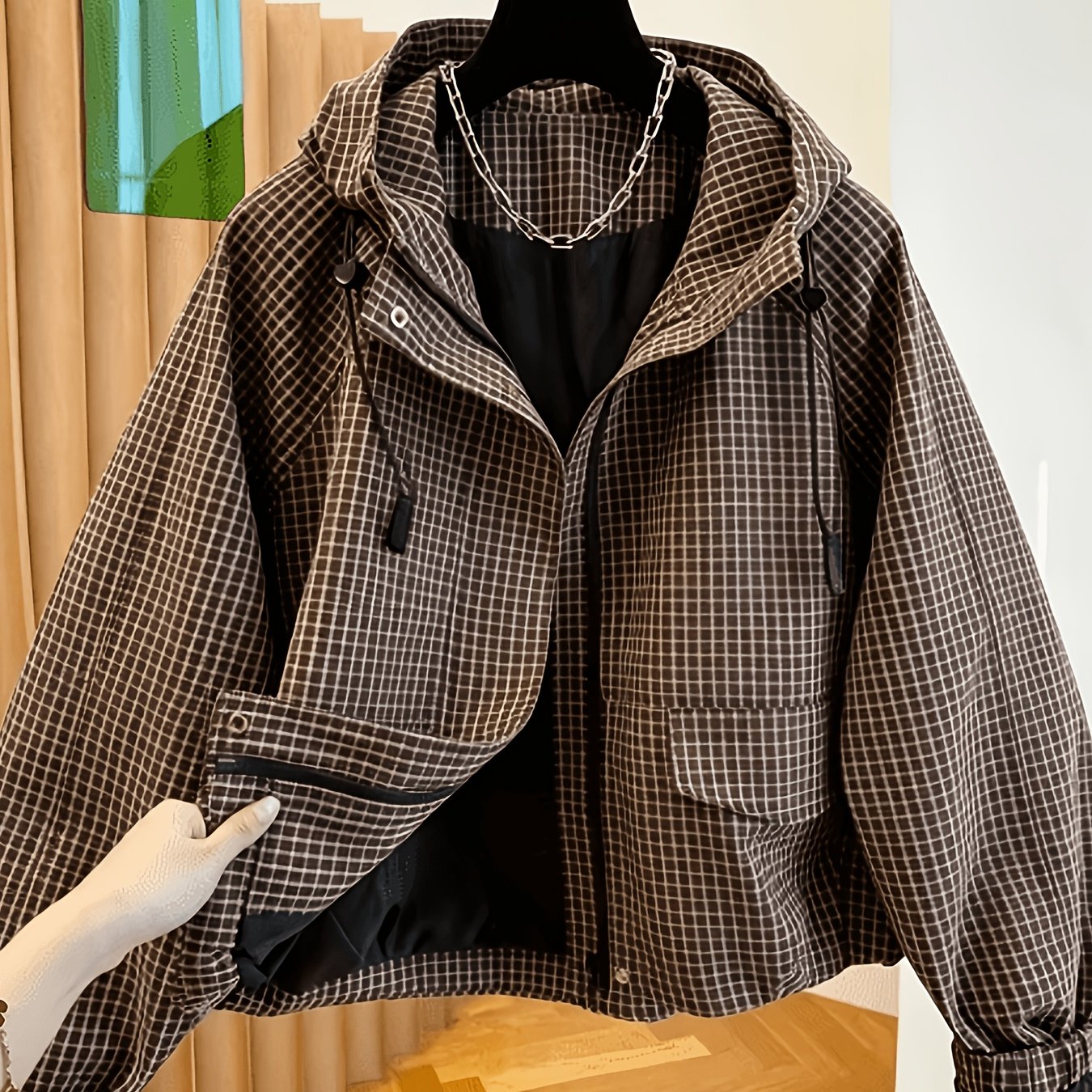 TEMU Nueva chaqueta tipo corta con capucha a cuadros de estilo coreano de para mujer, holgada y casual para y otoño