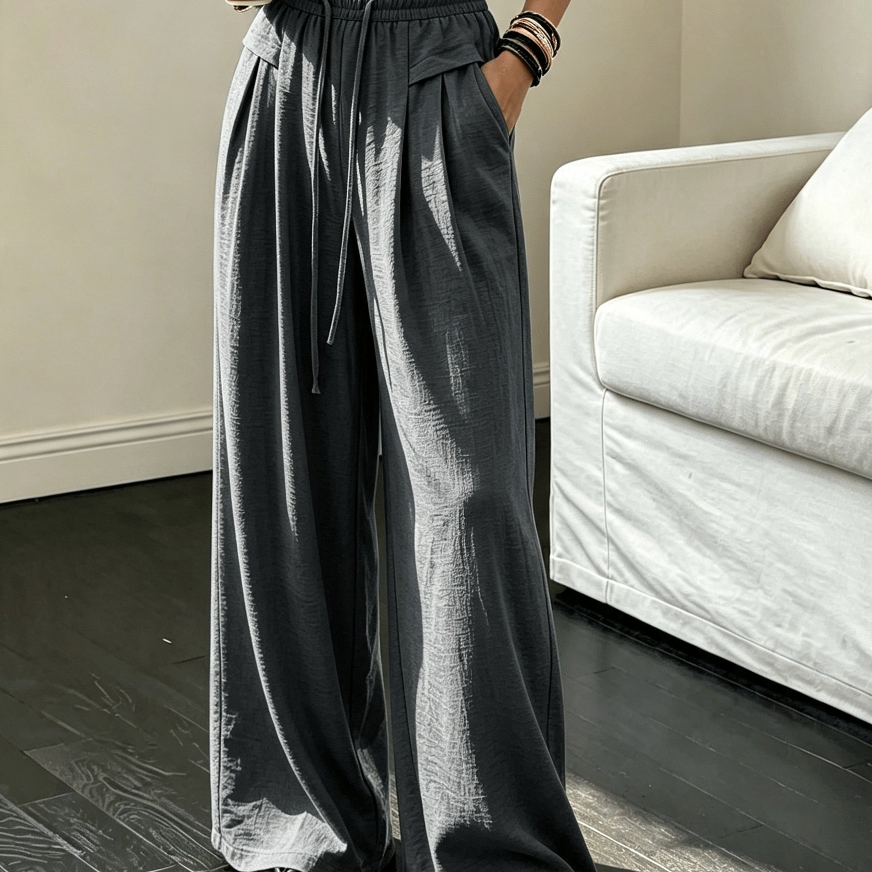 TEMU Fabric Draped Ankle Pants For Women, High-waisted Pants With Pockets, Drawstring, Pleated, Loose Wide-leg Skort, Women's Pants