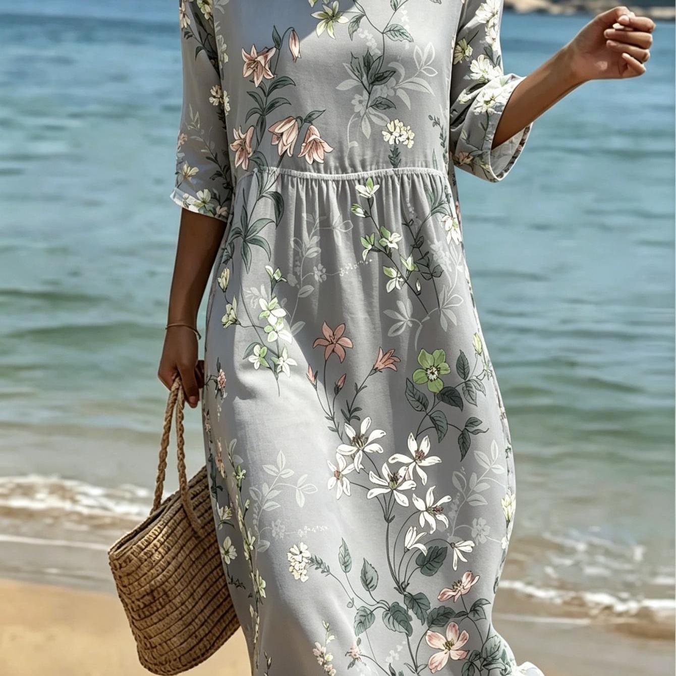 Image of Women's Dress Round Neck Three-quarter Sleeve Floral Loose Midi Dress Beach Vacation Dress Bohemian Style Casual Maxi Dress Machine Washable Suitable For Summer Wear 2d Flat Print