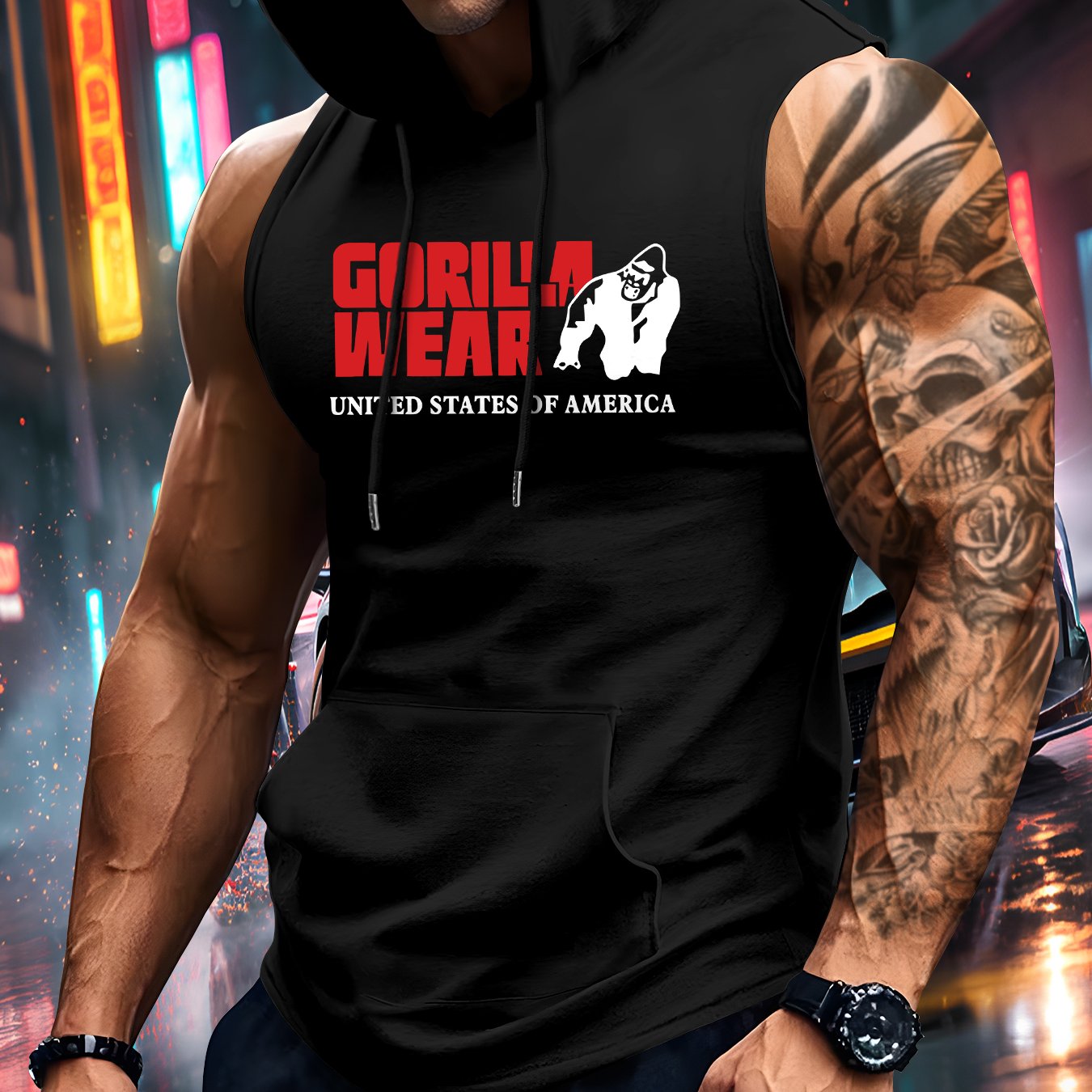 TEMU Hooded Vest, Gorilla Pattern Print, Suitable For Summer Sports, Gym Training Outdoor Sports And Leisure, Sleeveless Hooded T-shirt Vest