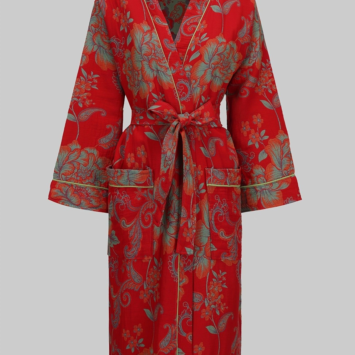 1pc Floral Print Plus Size Women's Robe, Long Sleeve With Belt And Pocket Extension Design, Thin Style Suitable For
