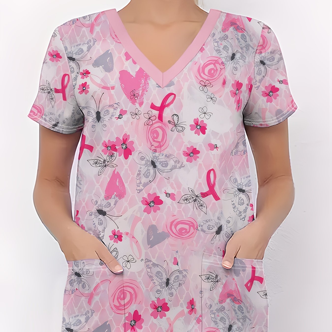 TEMU & Print Short Sleeve Scrubs Top, Health Care V-neck Dual Pockets Scrub For Doctor, Nurse, Physician, Dentist, Women's Work Clothing
