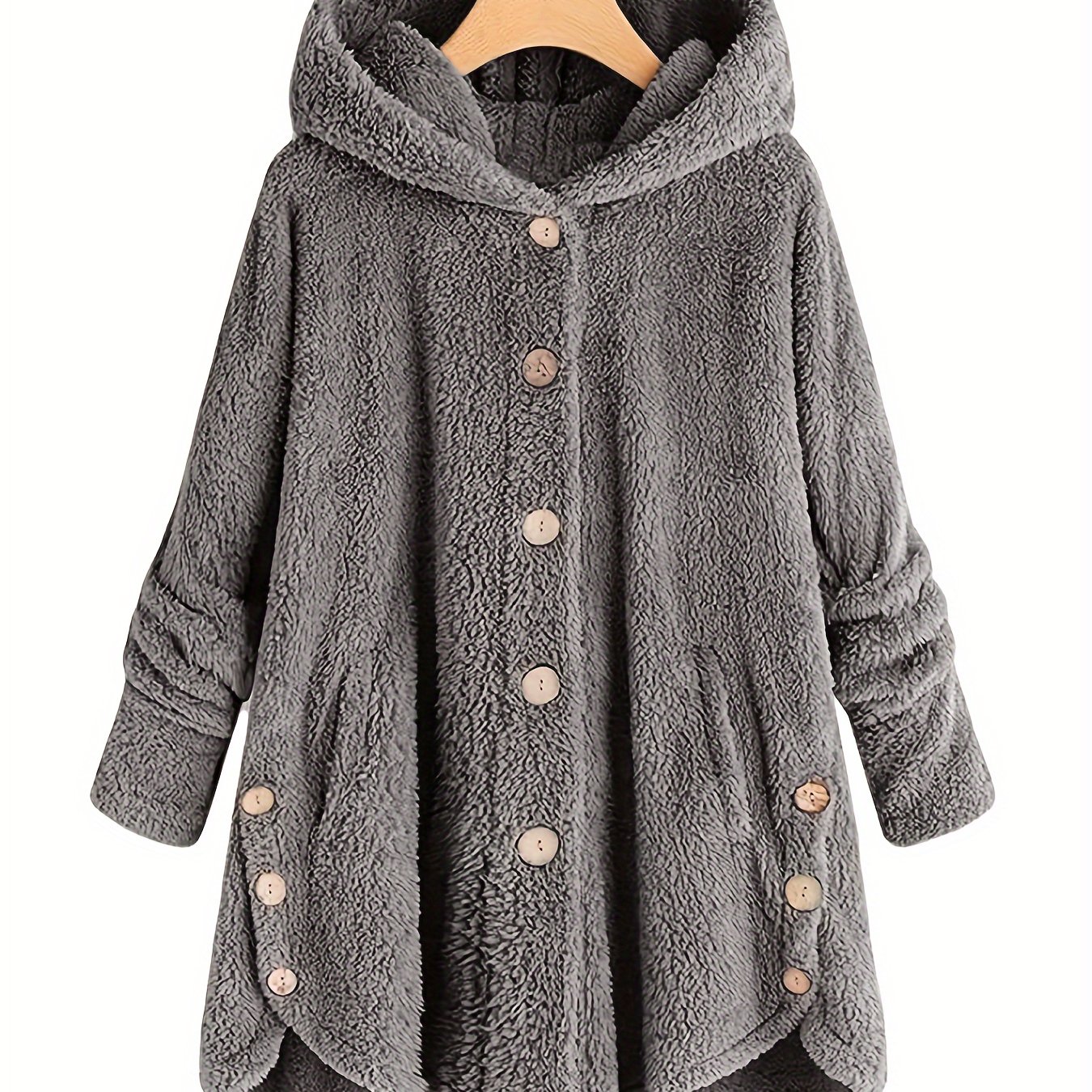 Women's Cozy Fleece Hooded Cardigan - Casual Button-up Jacket, Solid Color, Machine Washable
