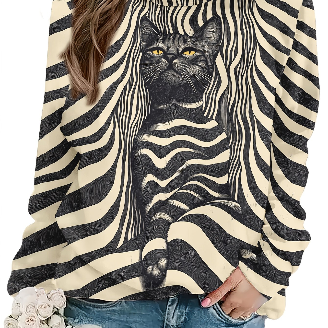 TEMU Plus Size - Plus Size - Women's Plus Size Individual Cat Pattern Print Sweatshirt, 2024 Fall Winter New Loose Round Neck Pullover Long Sleeve,